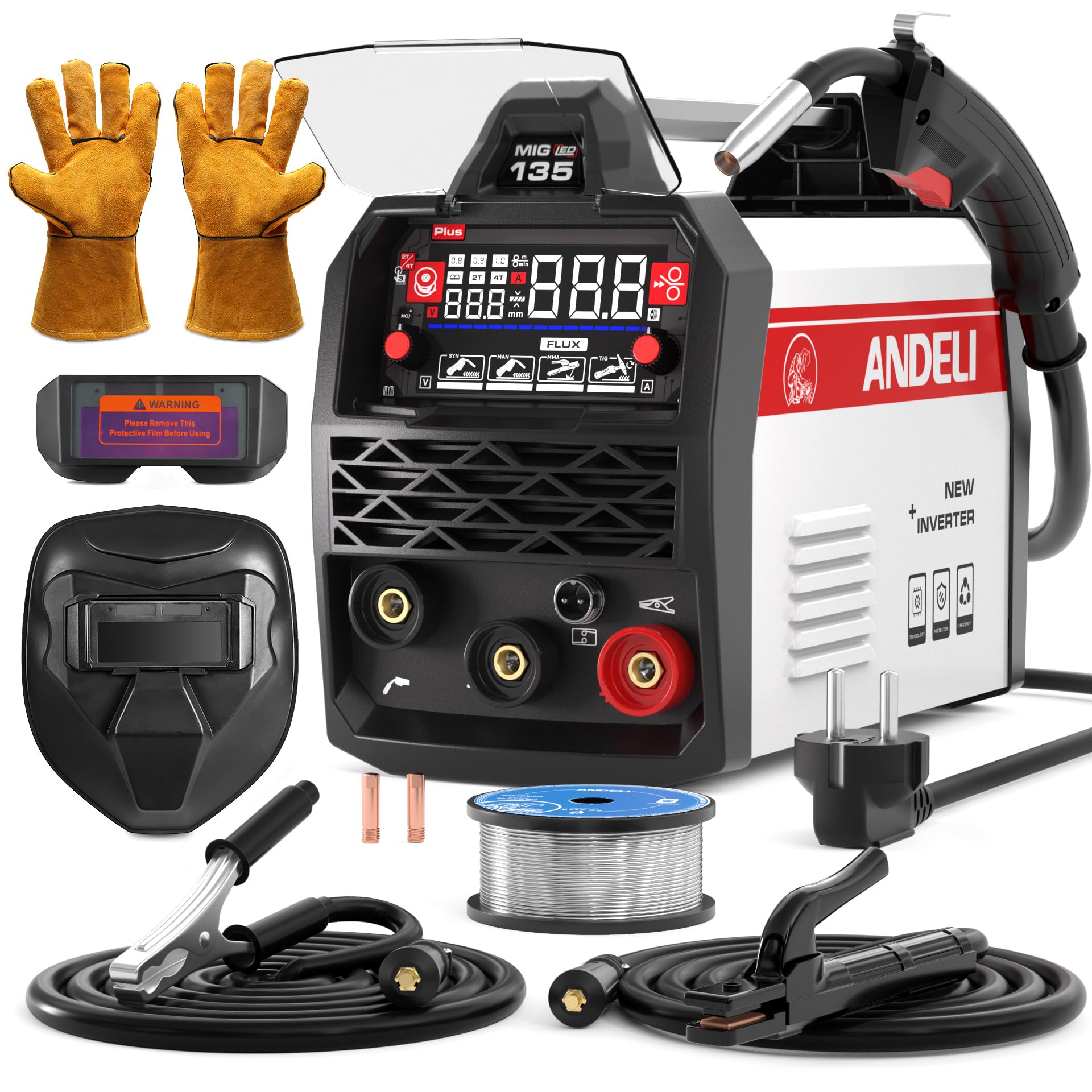 ANDELI MIG 135A 4-in-1 Welder: MIG without Gas with PULSE/MIG Without Gas Classic/Lift TIG/MMA | 230V Complete Kit with Helmet and Gloves | LED Display and Synergy – Ready to Use