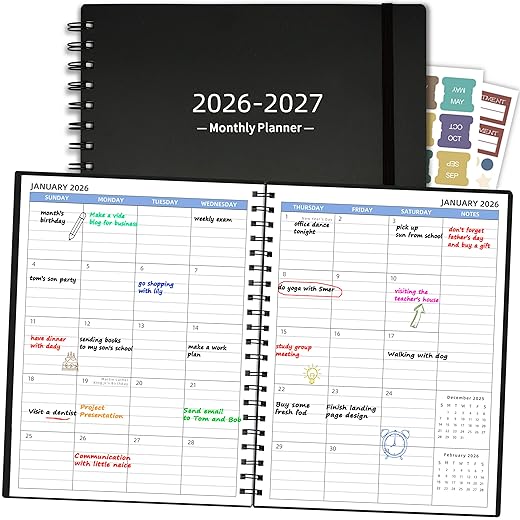 2026-2027 Monthly Planner (7.4'' x 9.6''), 18 Months Calendar Planner from Jan 2026-Jun 2027, Agenda 2026 with Pocket, 120GSM Paper, Black
