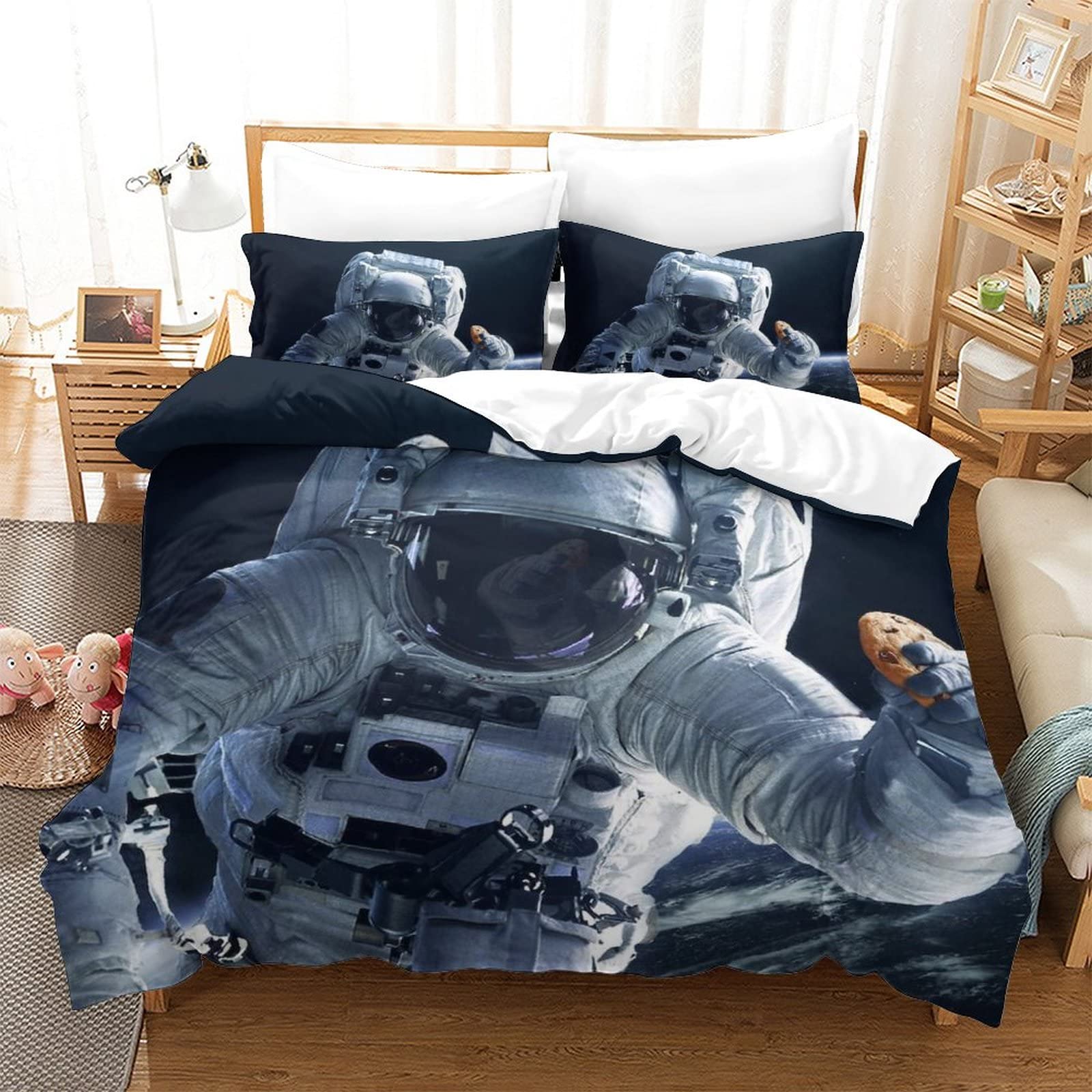 Housse de couette espace astronaute 3D pour lit double avec taies d'oreiller et fermeture