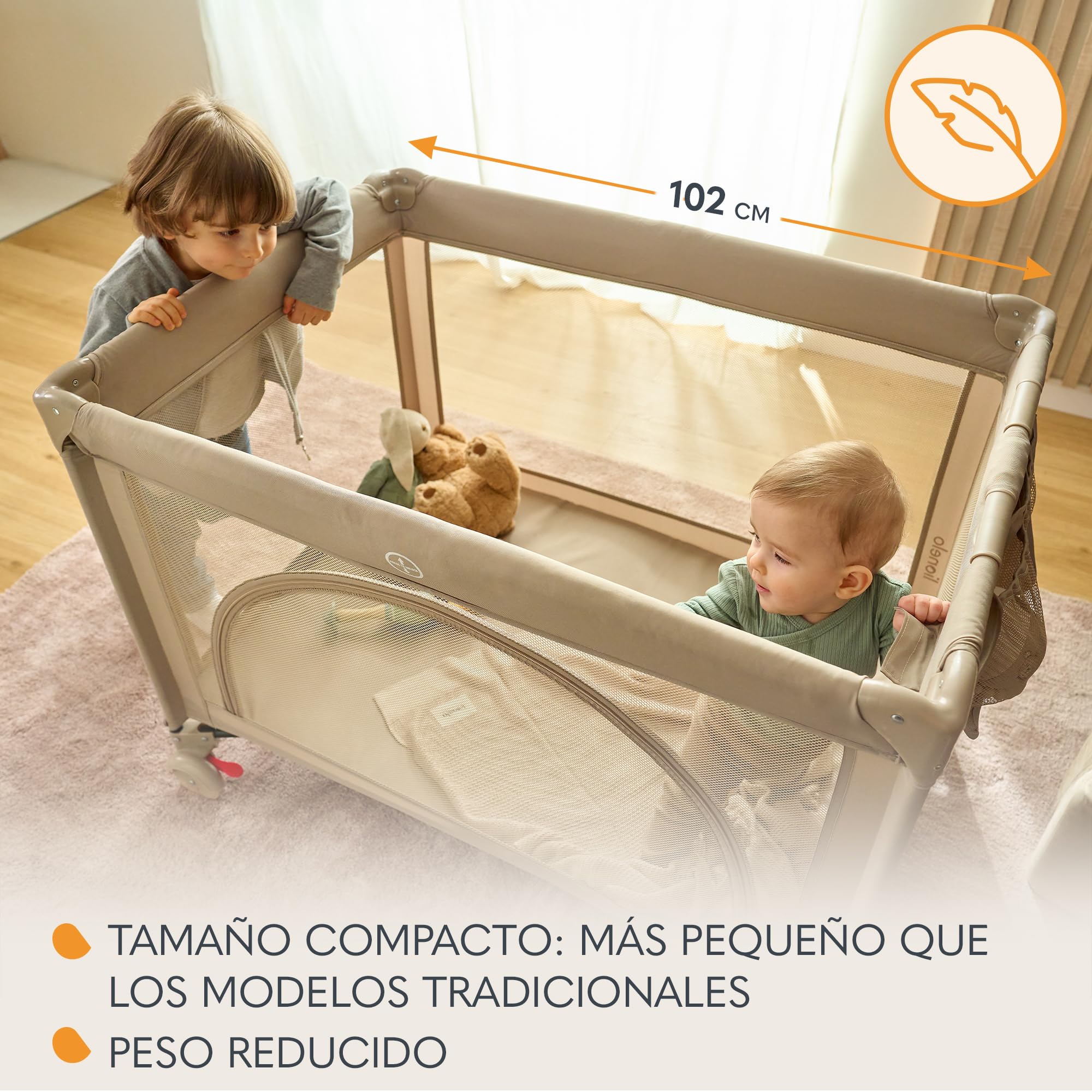 LIONELO LAURA Cuna de Viaje 2 en 1 hasta 15 kg Cuna Parque Bebe de 0 a 36 meses Entrada Lateral Colchón de Espuma T25, 2 Niveles de Altura, Bolsa de Viaje, Ruedas con Freno