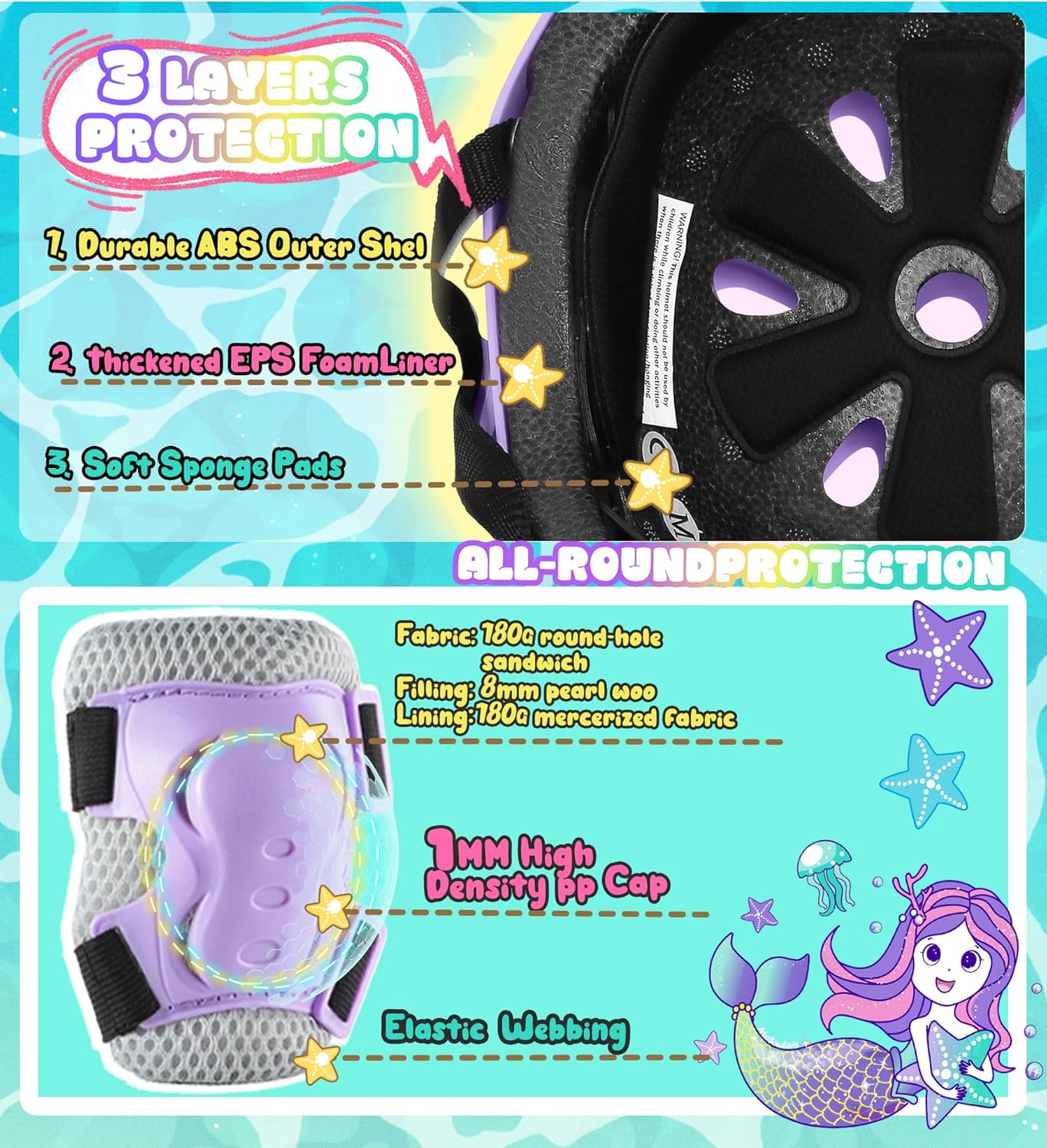 Mermaid Kids Toddler Helmet for Girls 5-8 Adjustable Girls Bike Helmet with DIY Stickers & Protection Pads Set for Skateboard, Skating,Scooter & Bicycle