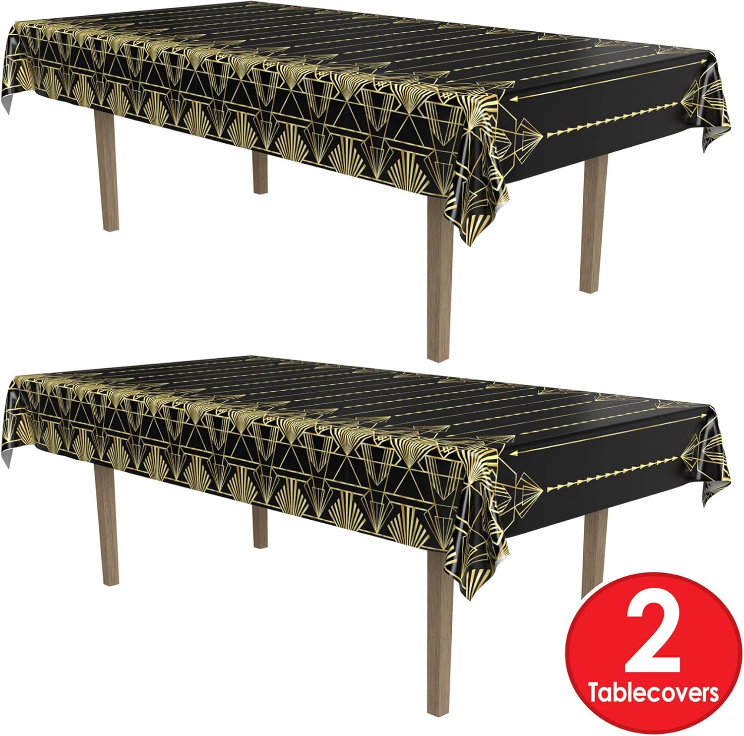 Beistle 2-Count Great 1920s Tablecover, Art Deco Decor & Table Decorations for Party, Hollywood Decor, Plastic Black & Gold Plastic Cover, 54" x 108"
