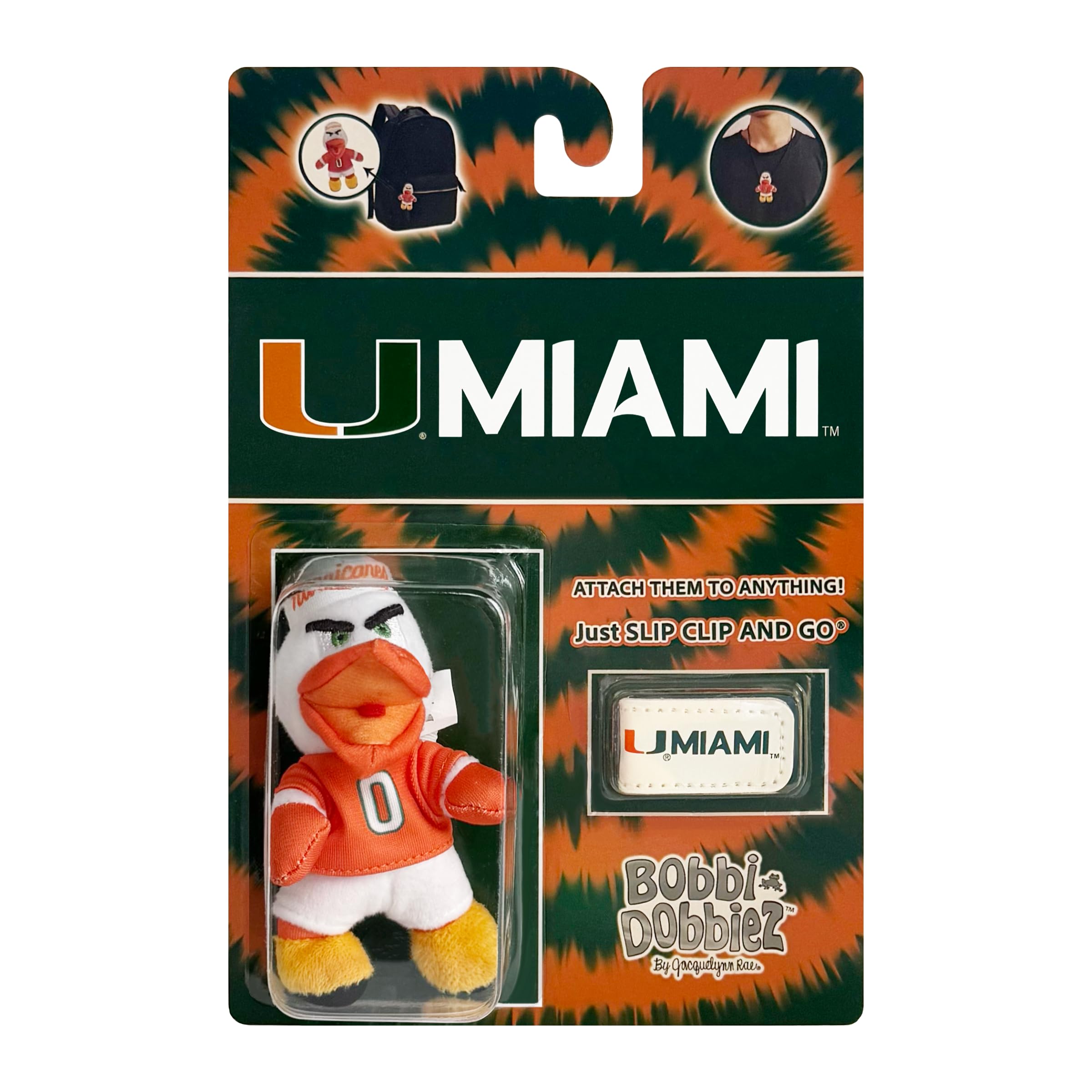 University of Miami Sebastian Mascot Bobbi-Dobbiez Attachable Plushie Attaches to Backpacks, Bags, Shoes, Water Bottles, and More