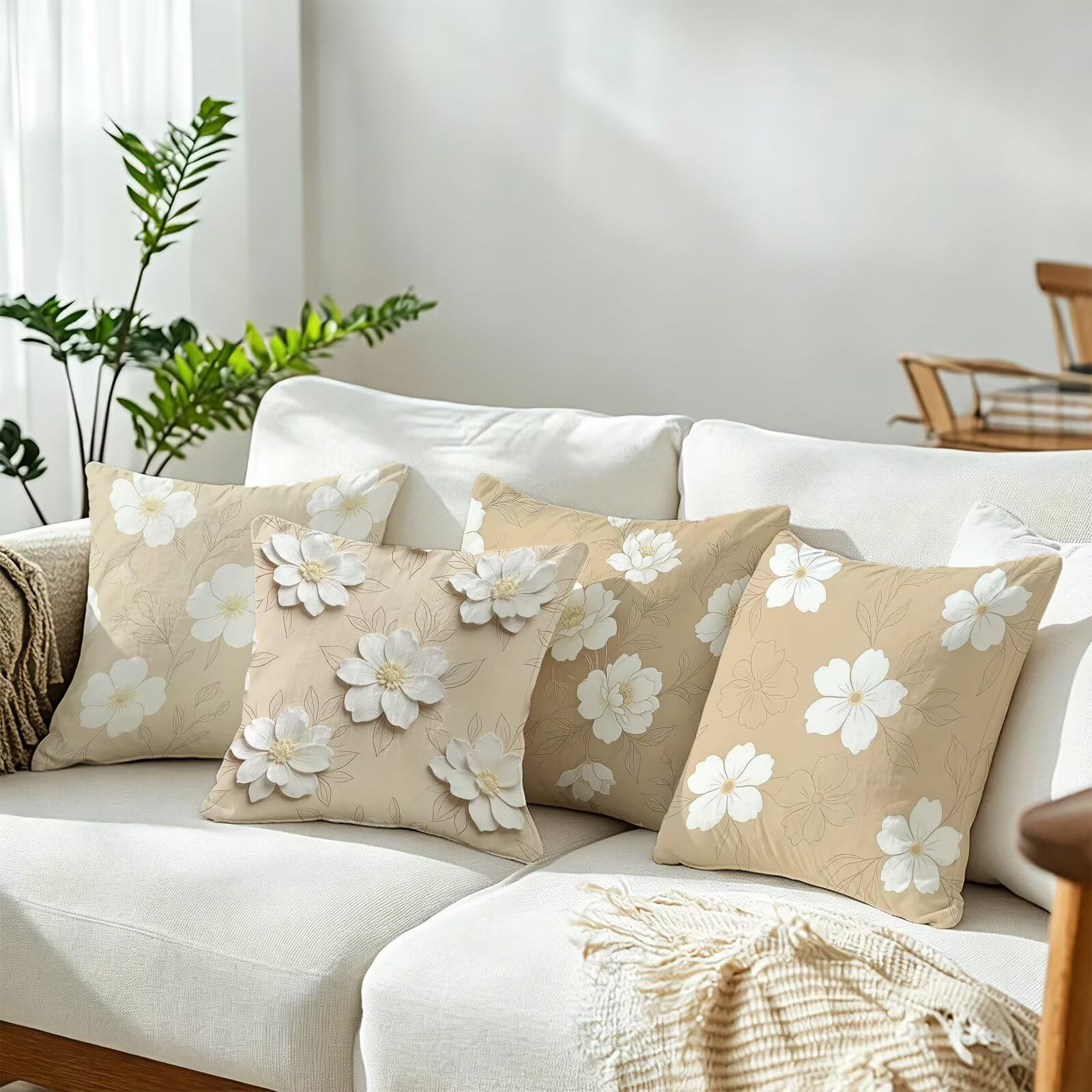 Beżowa poszewka na poduszkę 65 x 65 cm zestaw 4 poduszek outdoorowych | Aksamitna poszewka na poduszkę do salonu, na sofę, styl boho, 65 x 65 cm