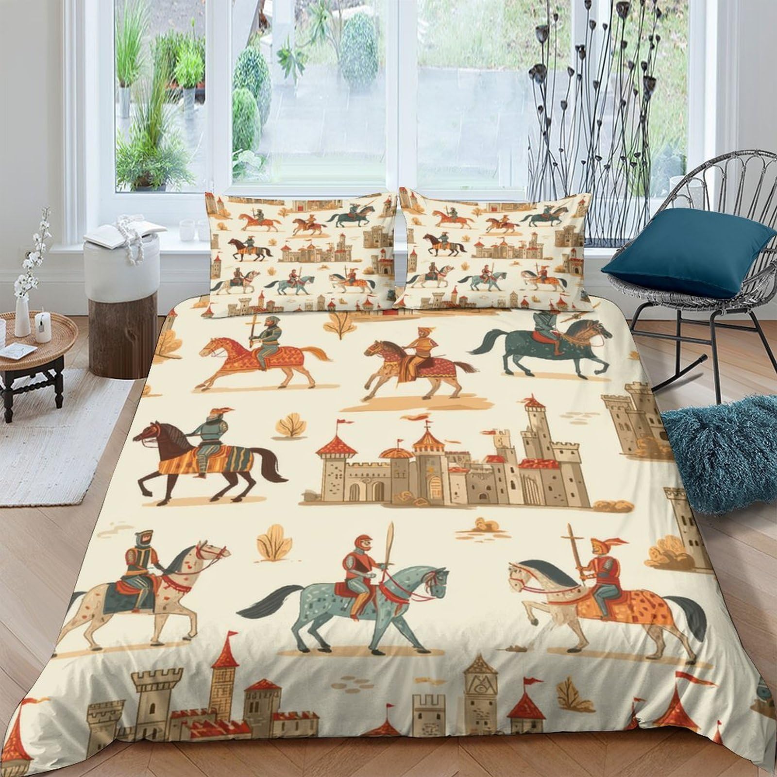 Ctjqhvkz Style-6 3D Printed Medieval Castle Fitted Sheet Microfiber Horse Rider Mattress Cover For Bedroom Guest Room Decor Protection Single（135X200cm）