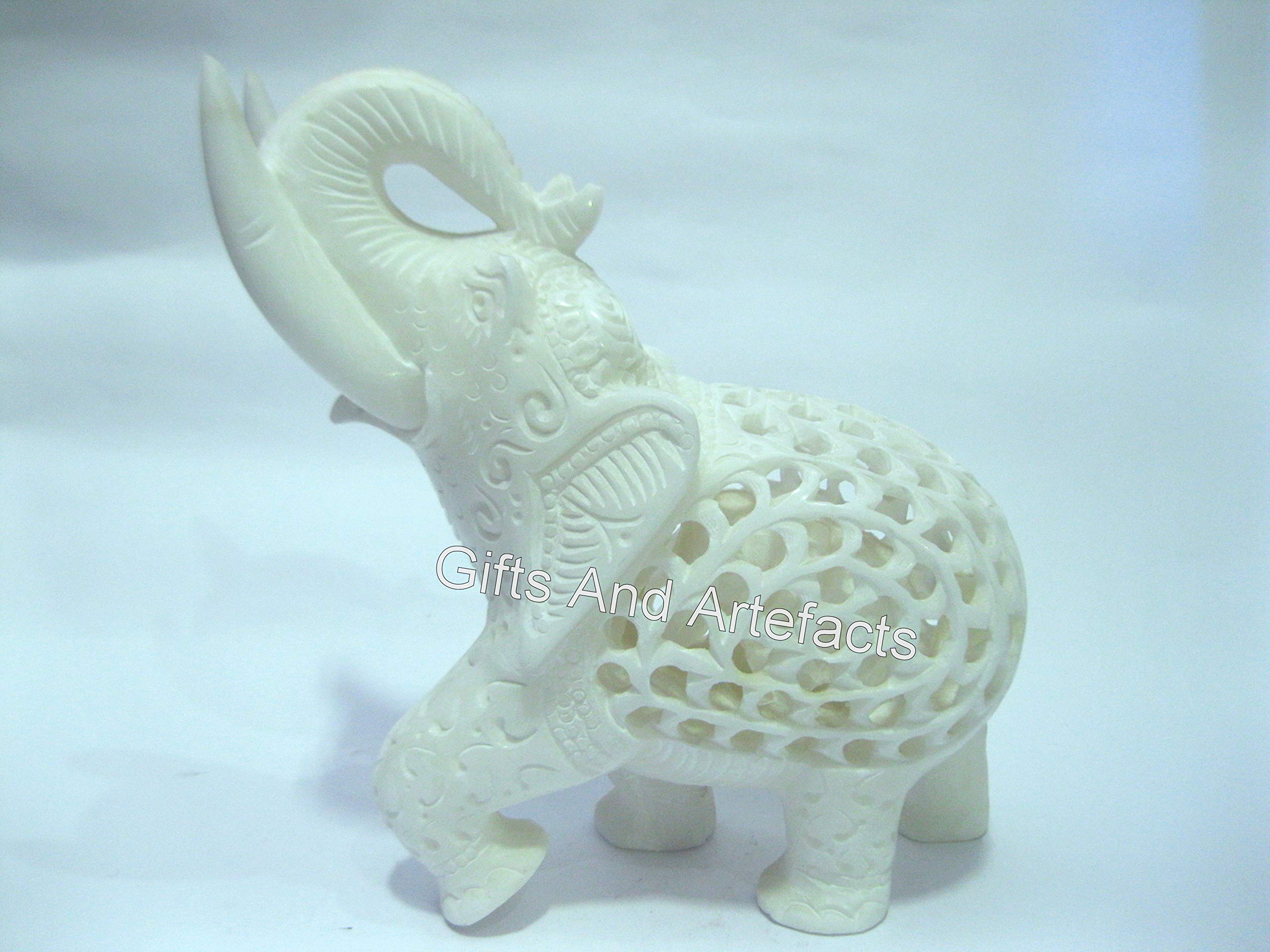 Estatua de elefante de mármol con trabajo intrincado de 8 pulgadas, elefante blanco de la buena suerte para decoración de sala de dibujo