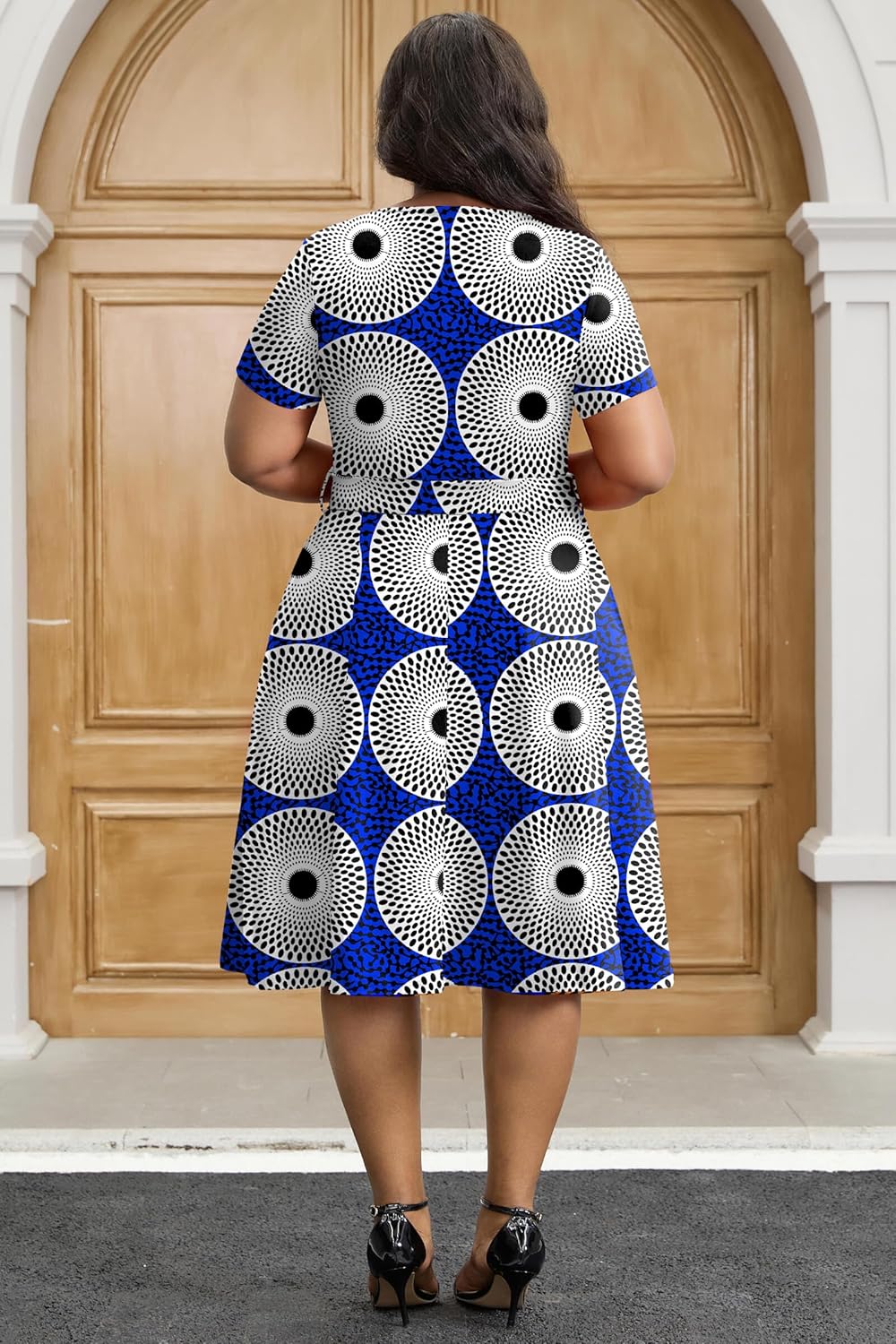 FANDEE Plus Size Midi Dress, V Neck Short Sleeve African Dress with Belt Summer Wrap Cocktail Dresses for Women with Pockets - Image 6