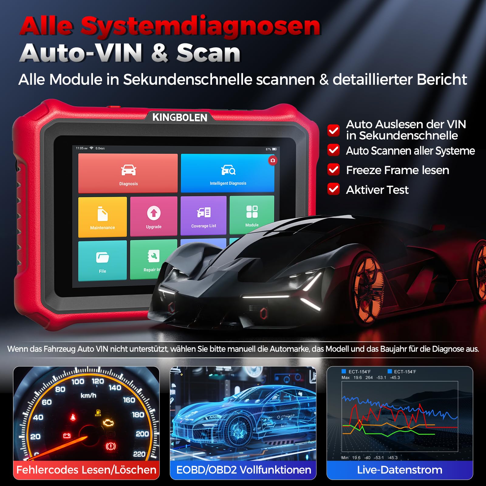KINGBOLEN K8 PRO Obd2 Diagnosegerät Bluetooth,Alles System Diagnosegerät Auto mit Bi-Direktionale,42+ Dienst Zurücksetzen,ECU-Kodierung,V.A.G-geführte,FCA,CANFD＆DOIP,Lebenslanges Kostenloses Update