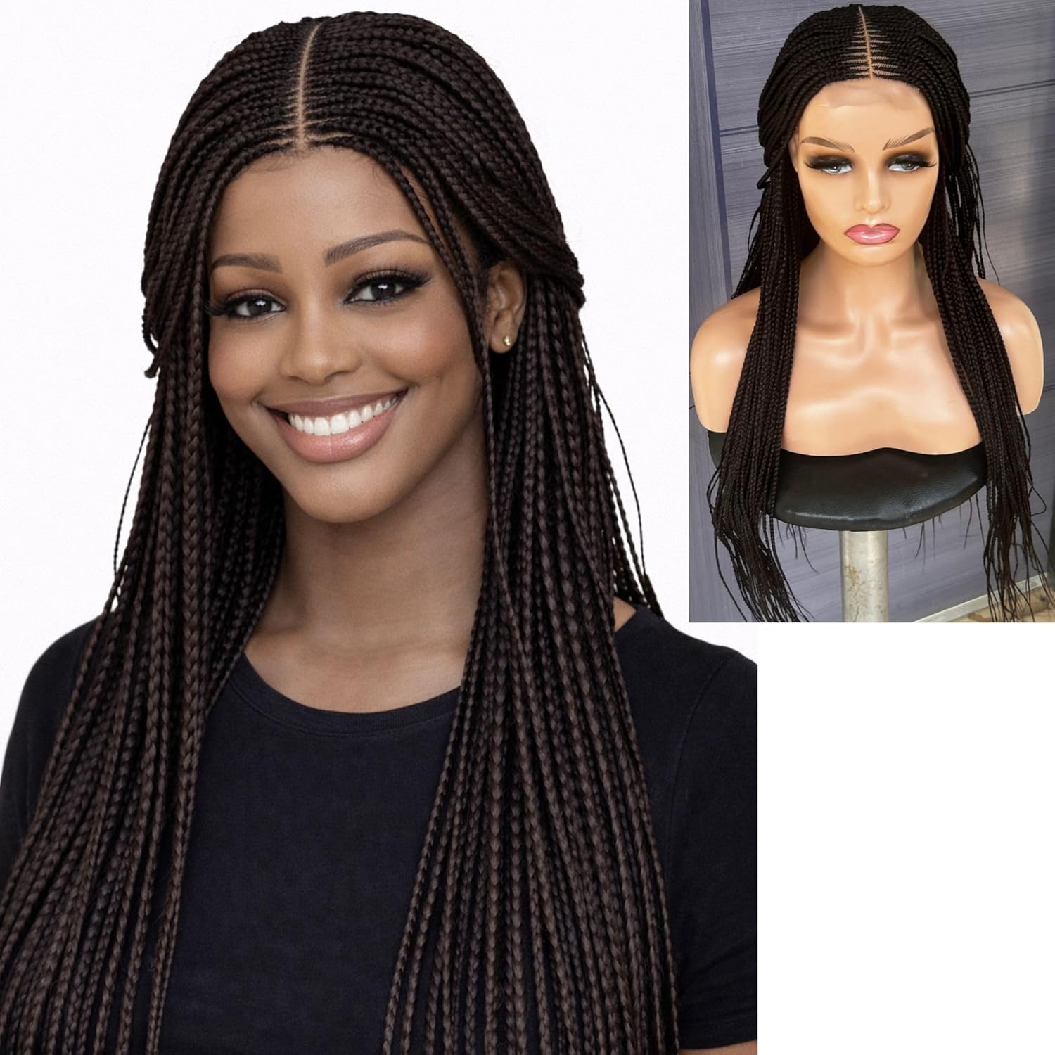 28 Inch Cornrow Braided Wig for Black Women On 2 By 6 Lace Front Handmade Glueless Synthetic Long Box Braid Wigs No Baby Hair (BLACK COLOR 1)