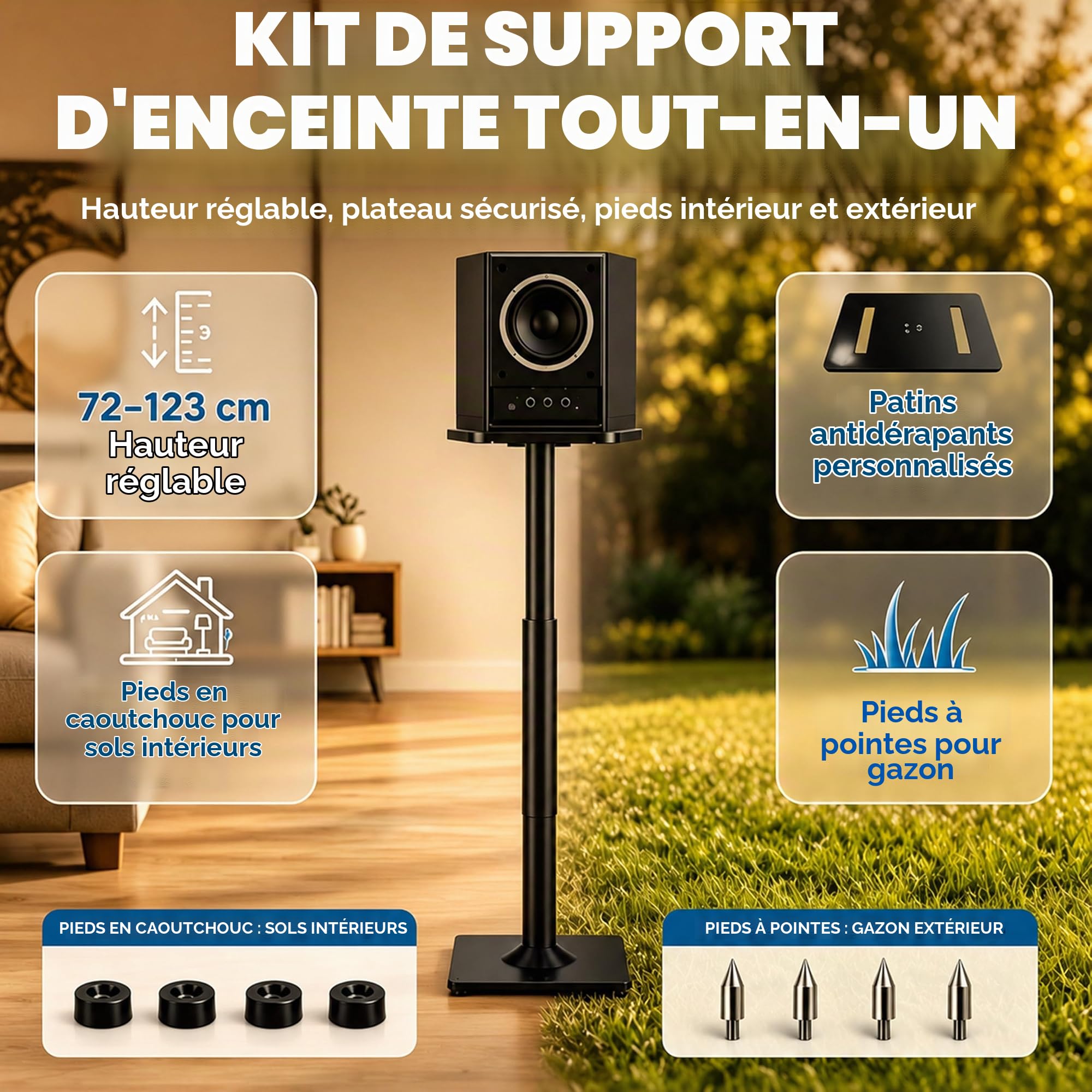 Supports d'enceintes, Lot de 2 Supports de Sol universels pour Enceintes Surround, Hauteur réglable de 72 à 120 cm, capacité de Charge de 25 kg chacun, système de Rangement des câbles, antidérapants