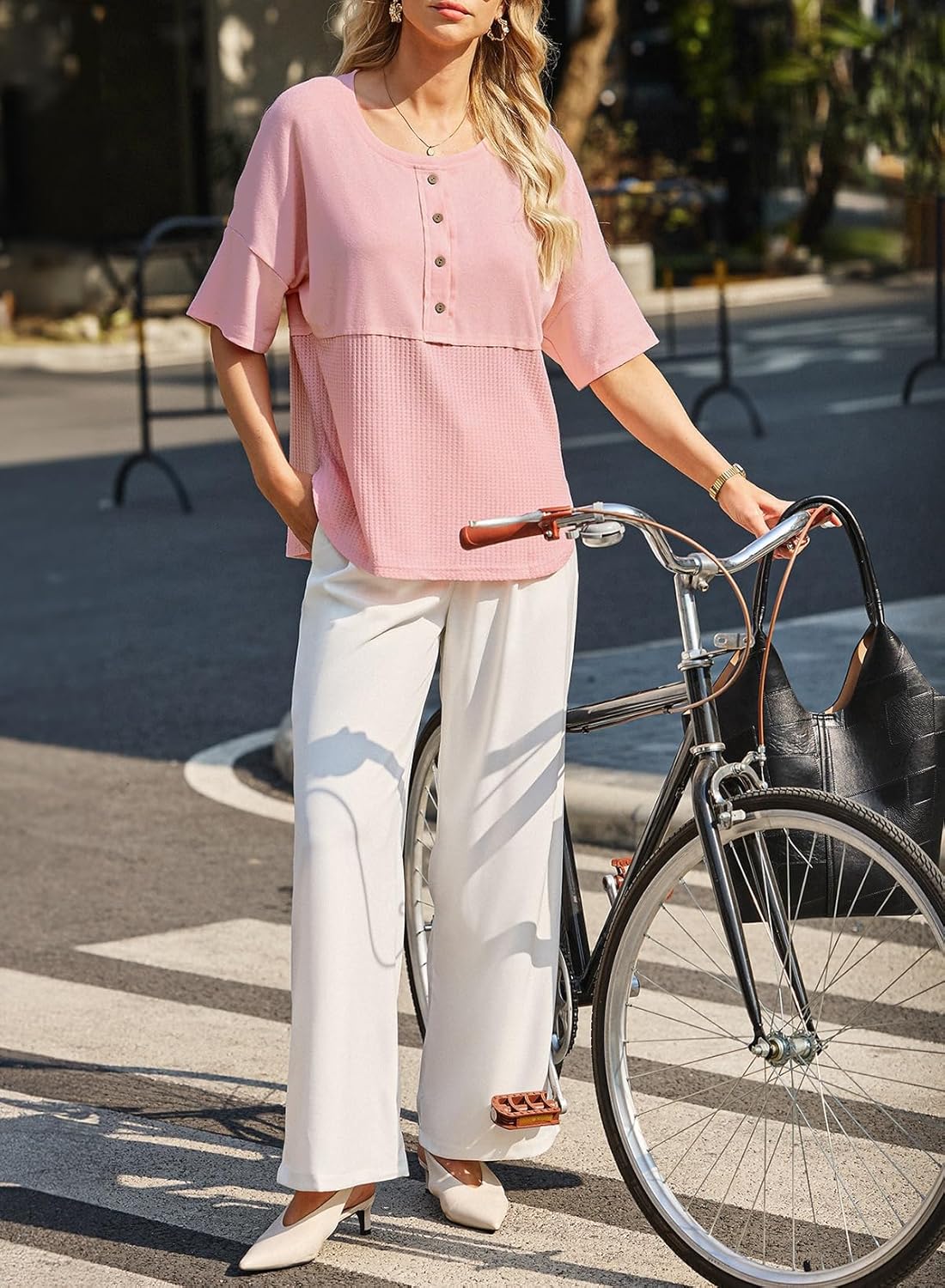 Dokotoo Womens Waffle Knit Tops 2026 Fashion 3/4 Sleeve Casual Button Down Shirts Crew Neck Oversized Patchwork Blouses - Image 4