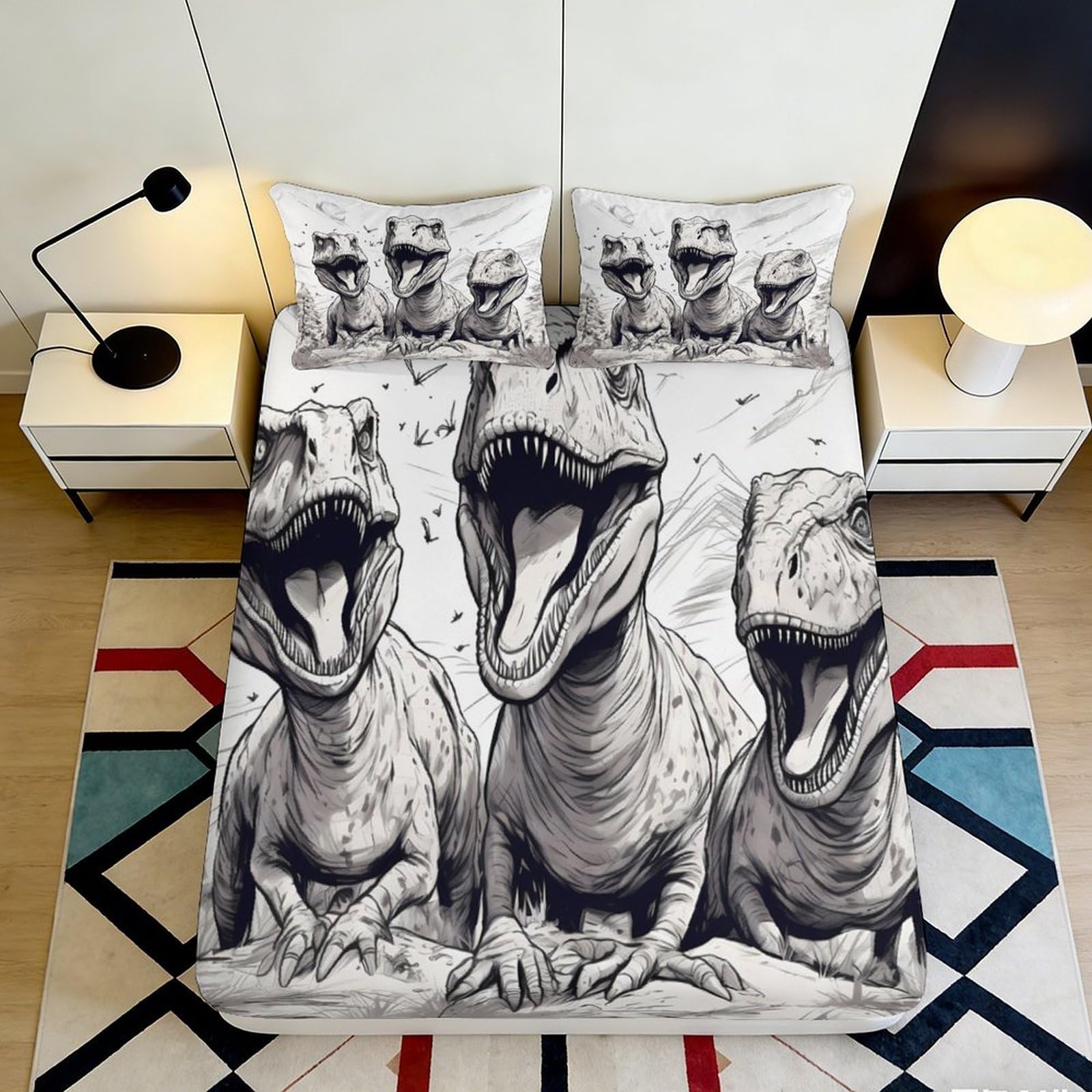 3D Printed Dinosaur Illustration Fitted Sheet Microfiber Breathable Jurassic Reptile Bed Cover for Bedroom Dorm Decor 90x200x25cm