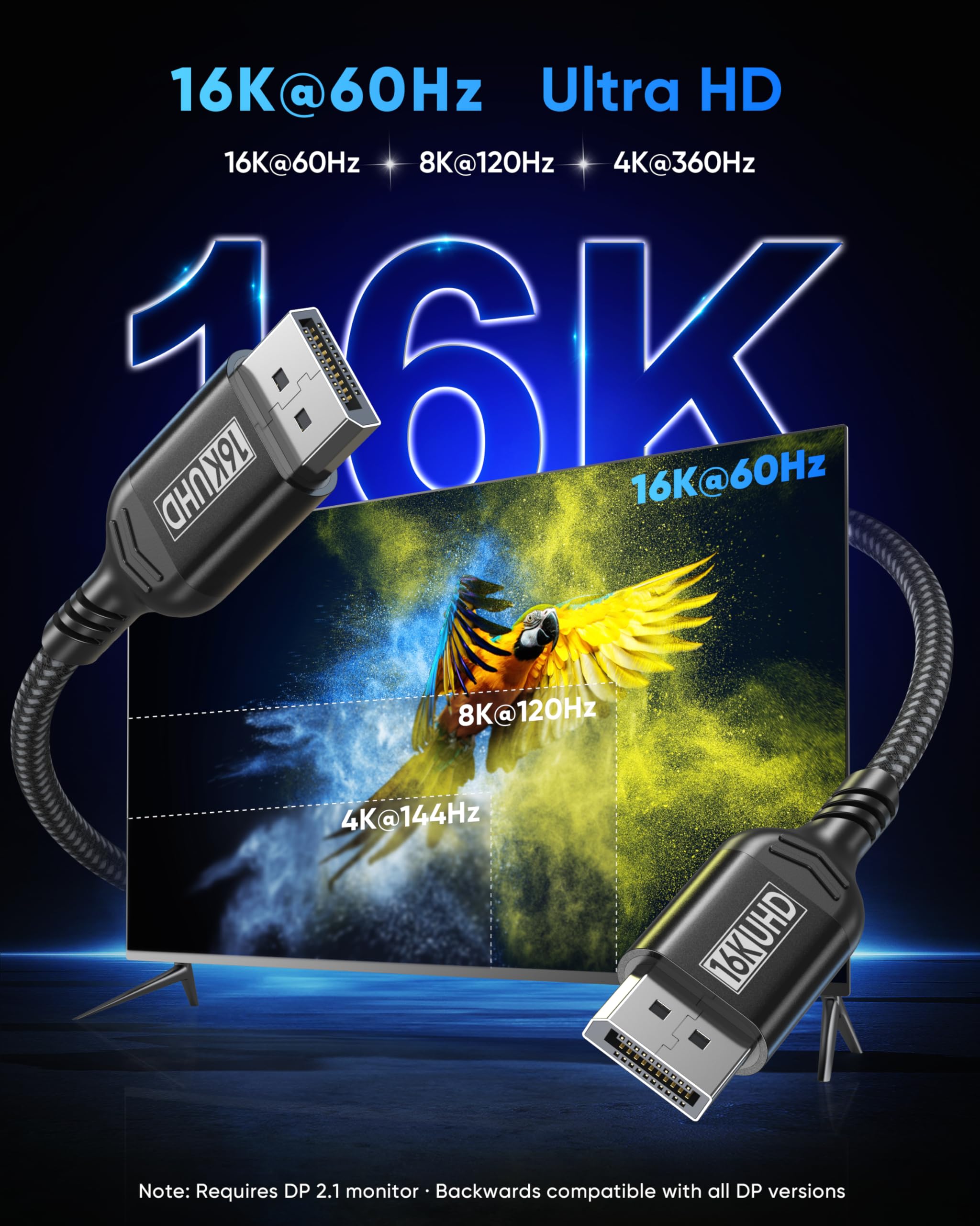 Kabel 4 m Displayport do Displayport 2.1, 80 Gb/s, wysoka wydajność, 16K @ 60 Hz/8K, 120 Hz/4K @ 240 Hz, kabel DP do DP, kompatybilny z monitorem gier G-Sync