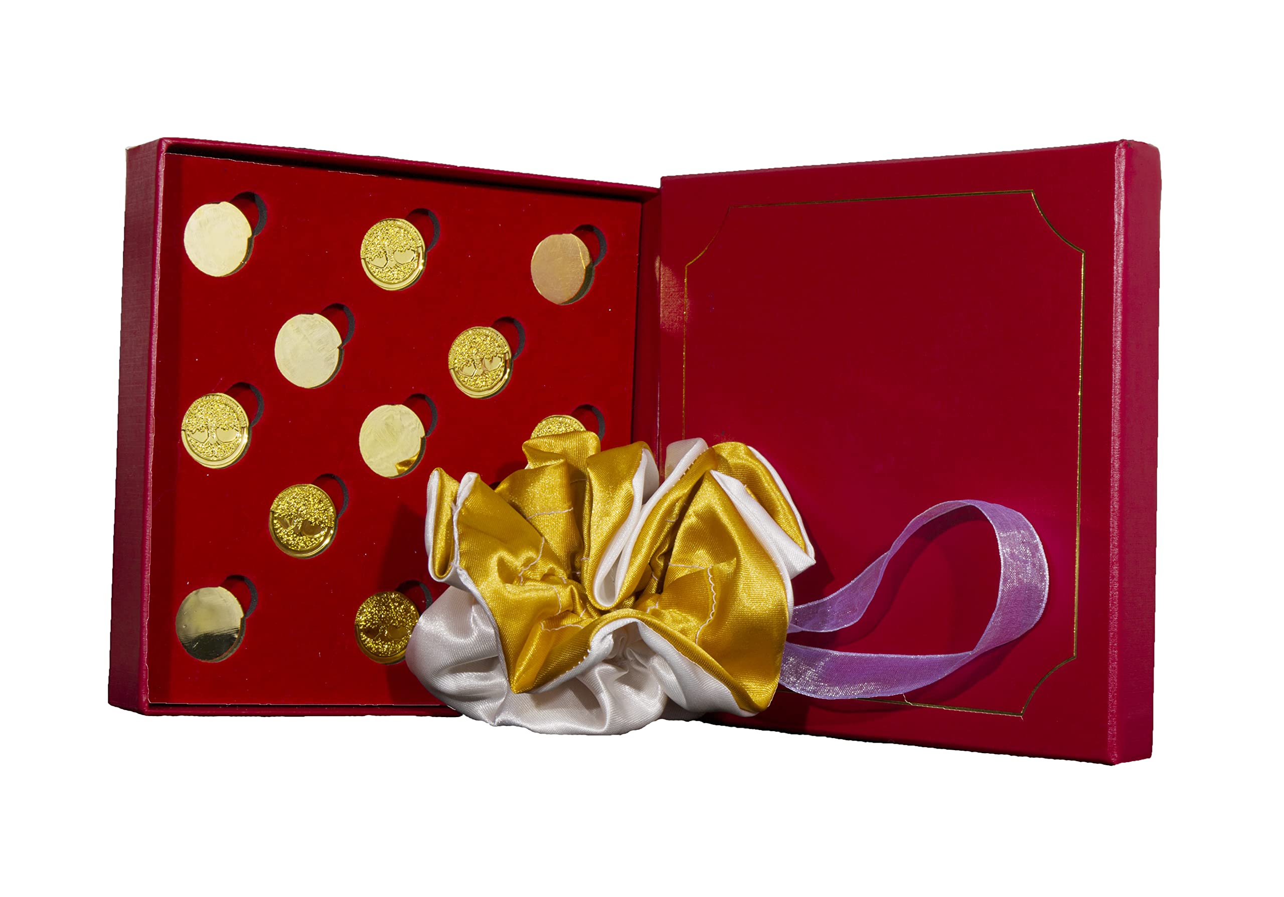 Arras de la Vida © Doradas GRABADAS para Bodas DE Oro o Enlaces con Fecha y Nombres en Cada Arra en su Reverso,con saquito Reversible realizado por Nuestros Artesanos (Beis Dorado).