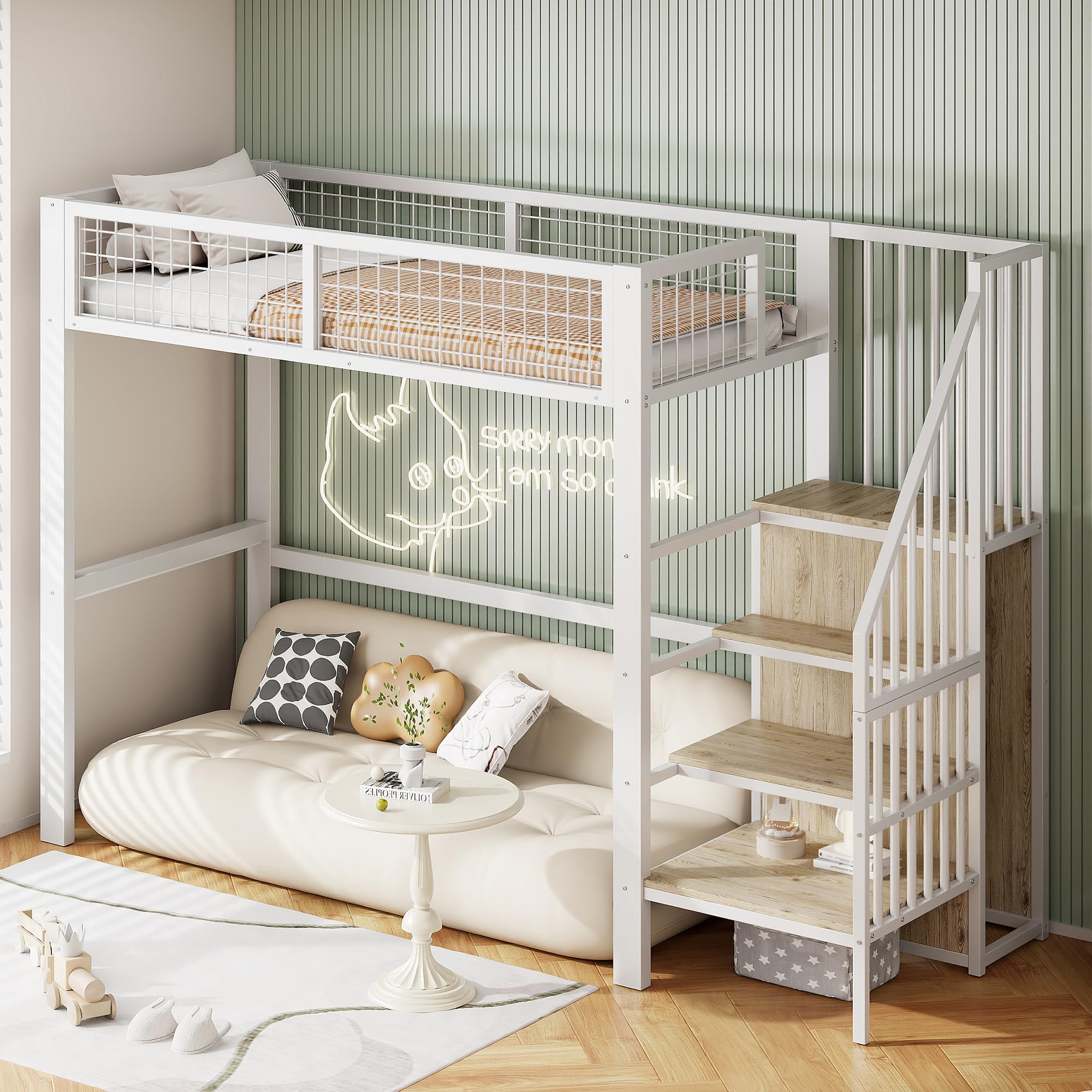 Moimhear Letto a soppalco 90 x 200 cm, letto in ferro con scaletta, lettino con telaio in ferro e scaffalatura, armadio (Bianco)