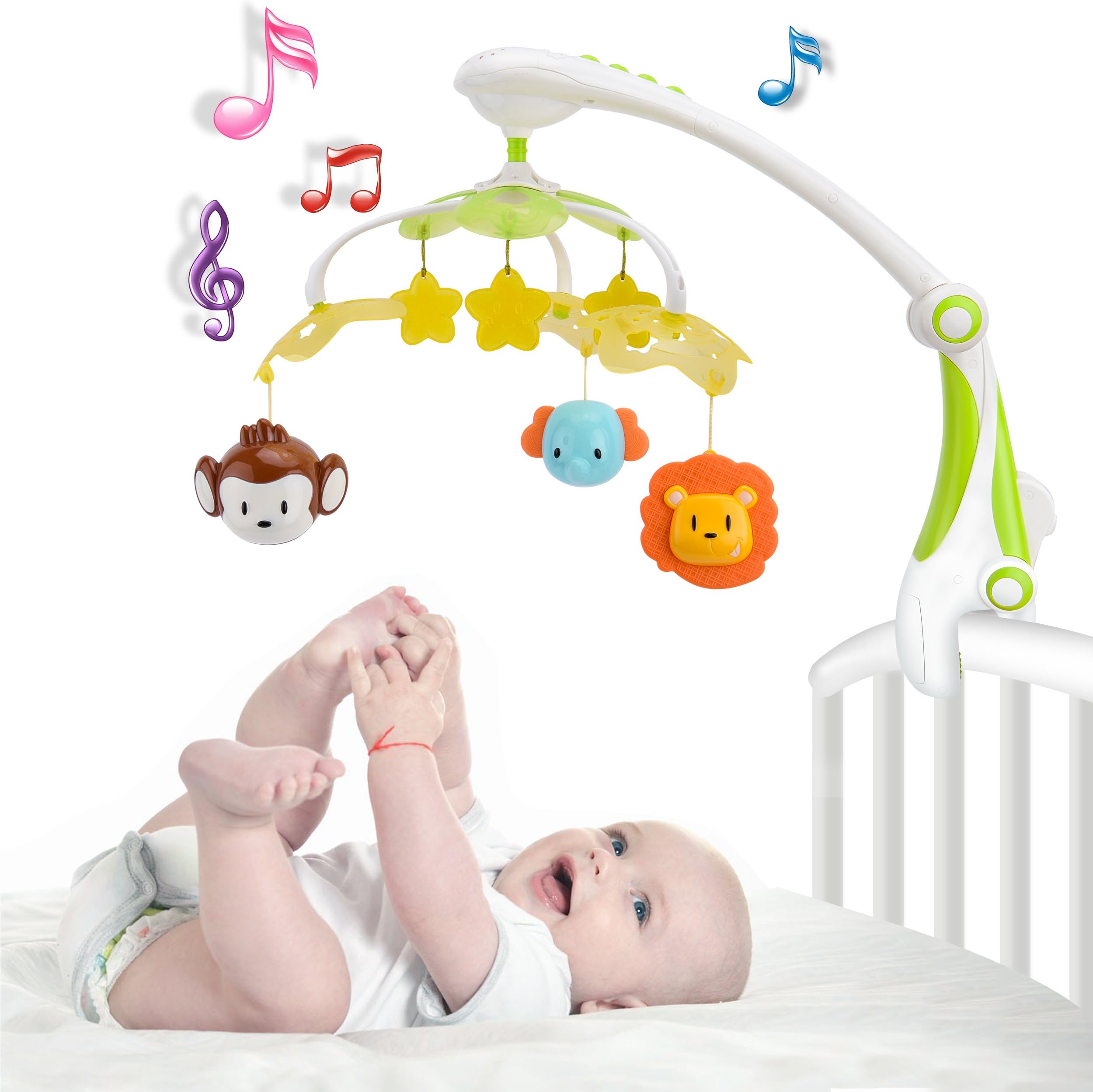 Baby Musical Mobile - Foldable Travel Take Along Mobile for Girl/Boy with Star Projector & Hanging Rotating Toys - Crib Cot Music Box Bed Bell Musical Mobiles with 30 Melodies (Green)
