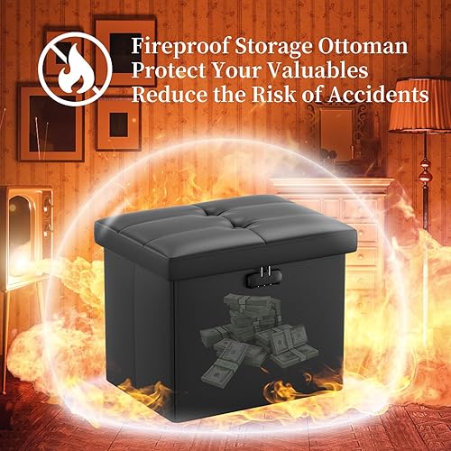 Miniatura 7 de ENGPOW Otomana de almacenamiento con cerradura, taburete otomano plegable ignífugo e impermeable, con almacenamiento seguro para documentos