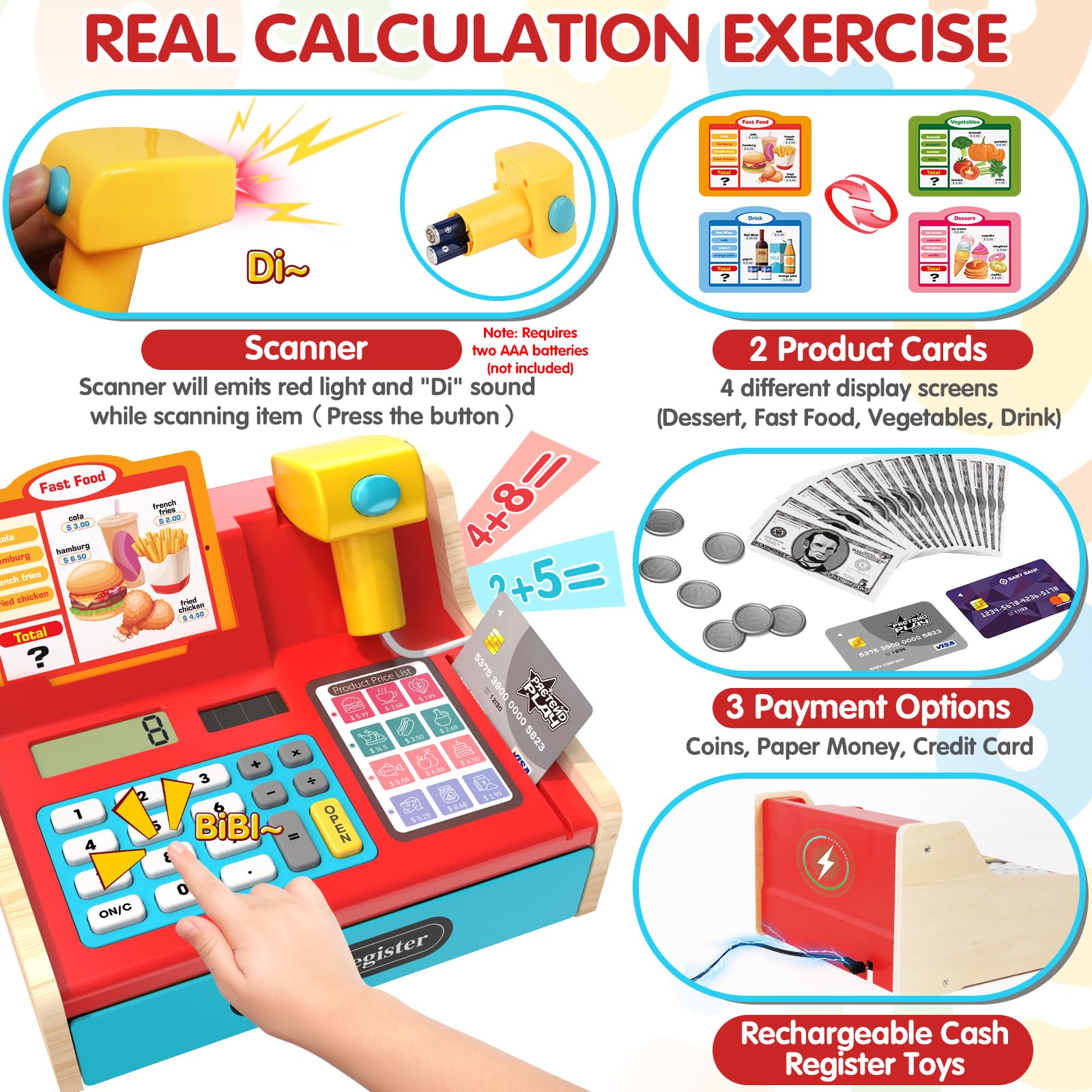 2025 Registratore di Cassa Giocattolo in Legno con Calcolatrice Scanner Giochi per Bambini 3+ Anni, Giocattoli per Negozi di Giochi Finti Regali Educativi per Ragazze Ragazzi 3 4 5 6 7 Anni, Rosso&Blu