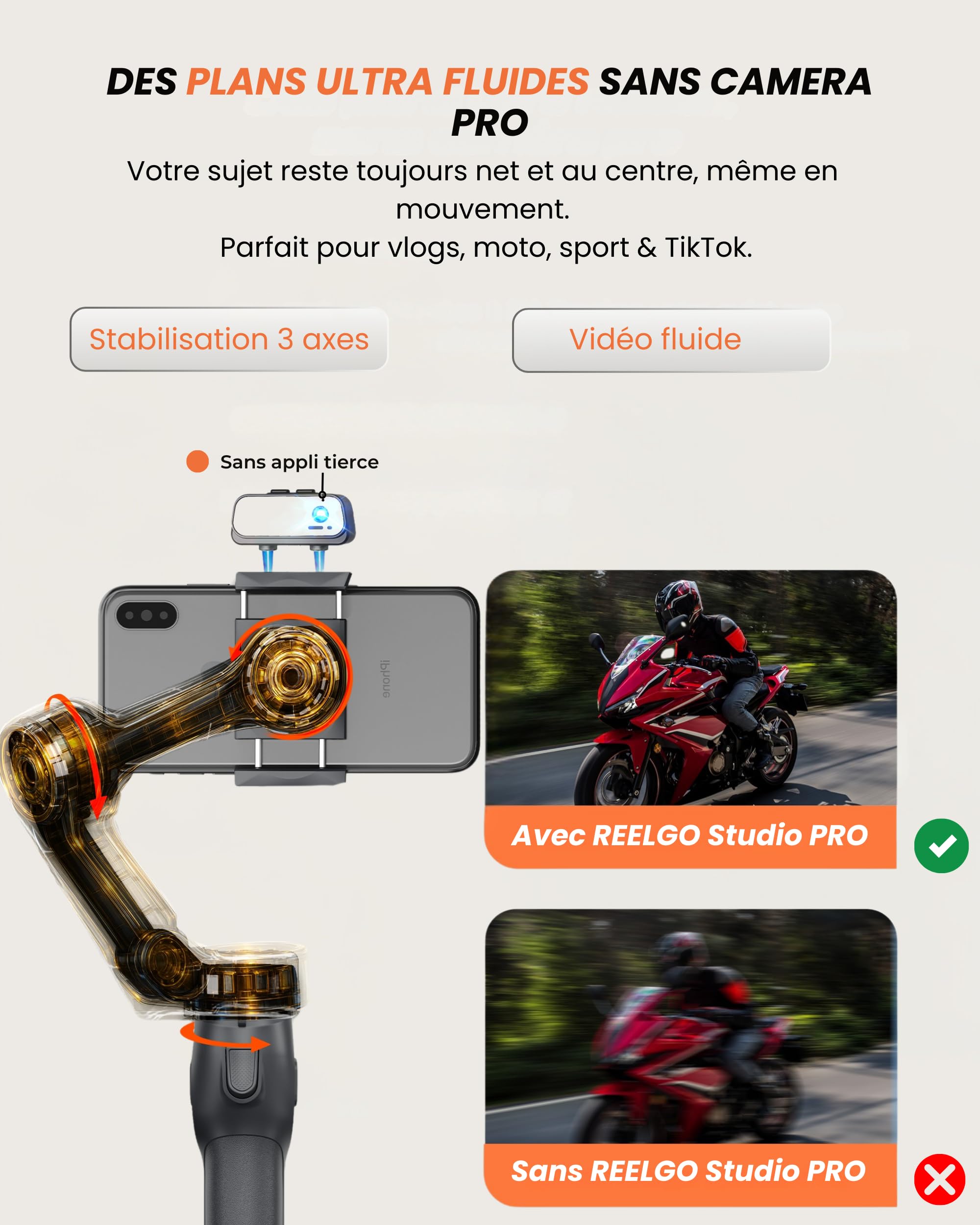 Studio Pro – Stabilisateur Smartphone 3 Axes avec Suivi IA, Éclairage LED, Micro-Cravate, Trépied Intégré & Batterie 13H | Gimbal compatible avec Iphone telephone Android | Kit Créateurs & Pros