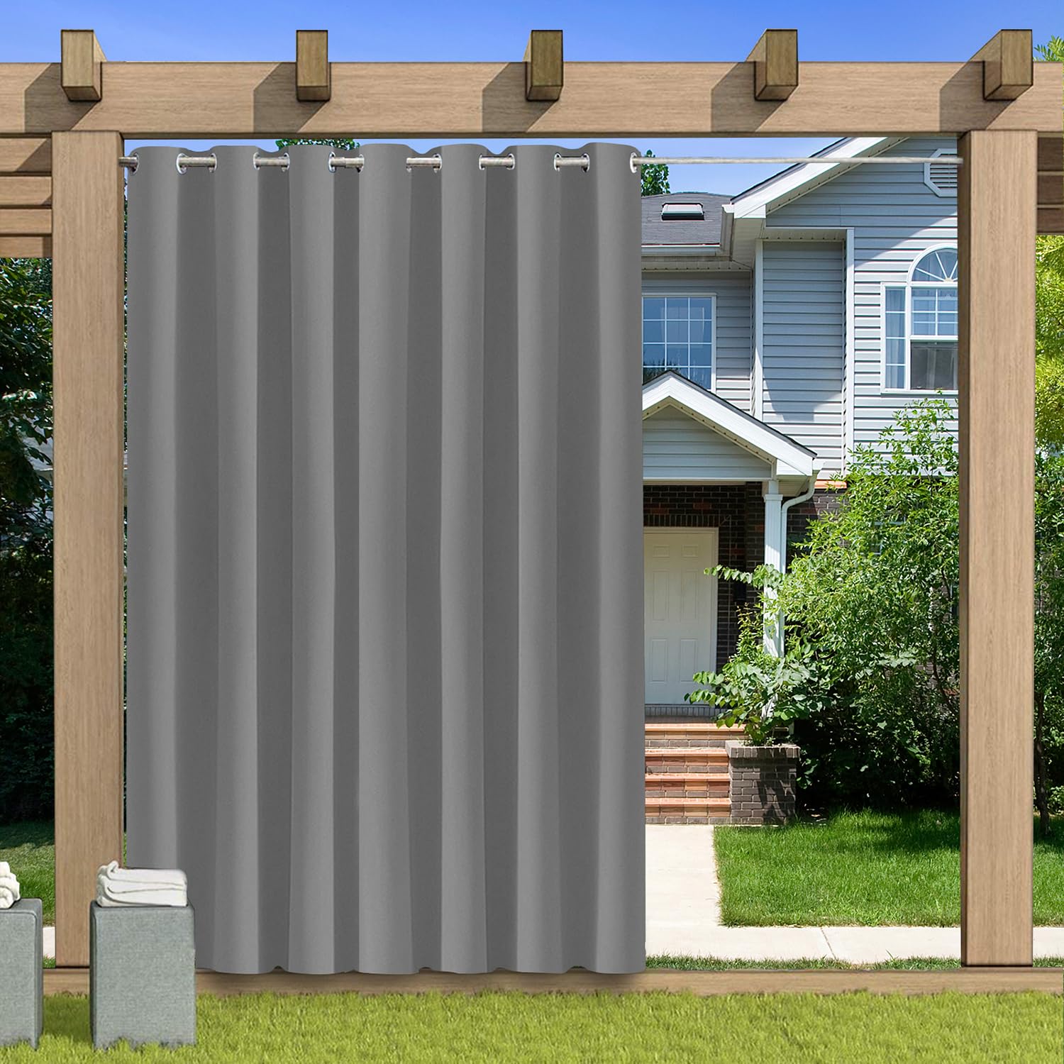 Outdoor Vorhang Blickdicht Wasserdicht Wetterfest Blackout Outdoorvorhänge mit ösen, Sichtschutz Sonnenschutz Gardine/Vorhänge for Patio Balkon Pavillon,Grau,1 Stück|155x213CM(BxH)