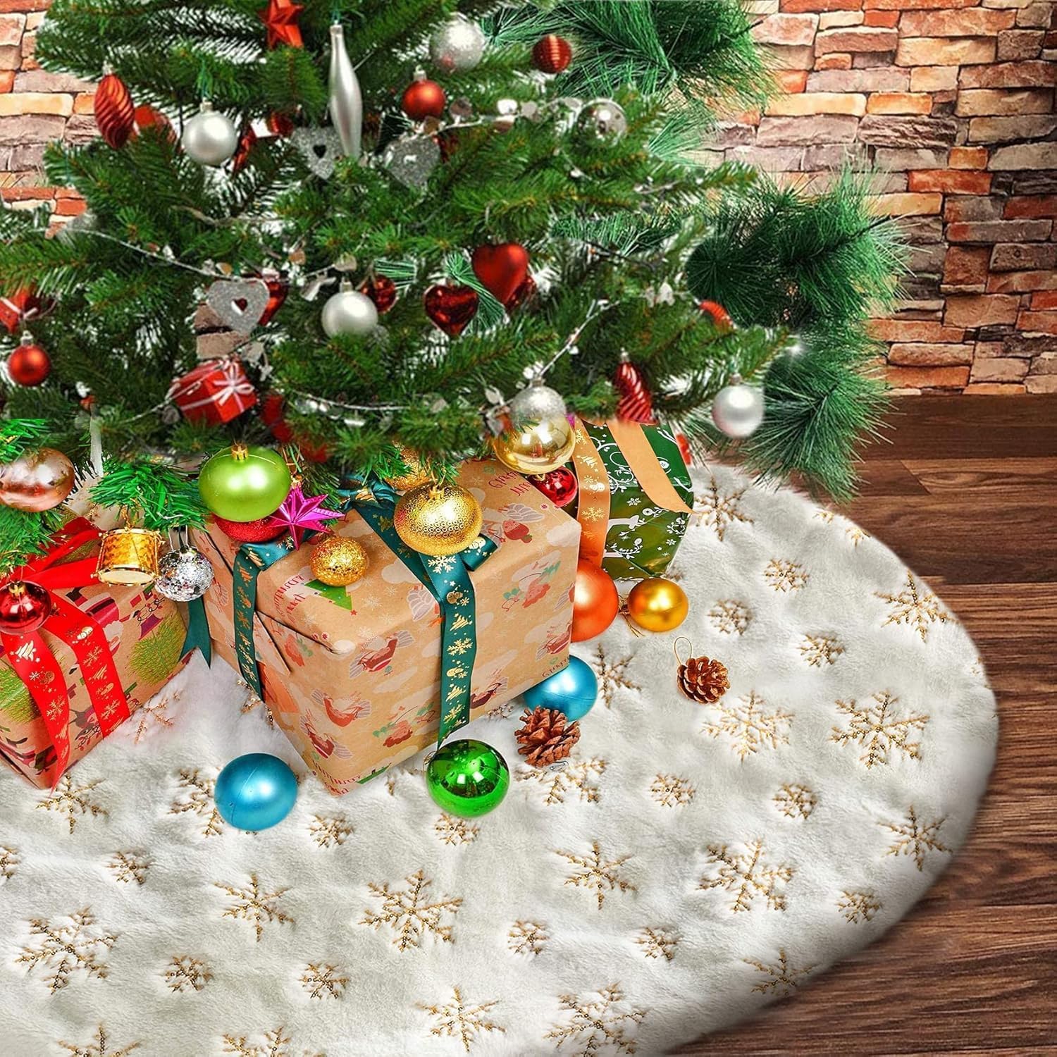 Gonna Per Albero Di Natale 90cm In Peluche - Bianco Con Paillettes Oro, Fiocco Di Neve, Riutilizzabile - Foto 12