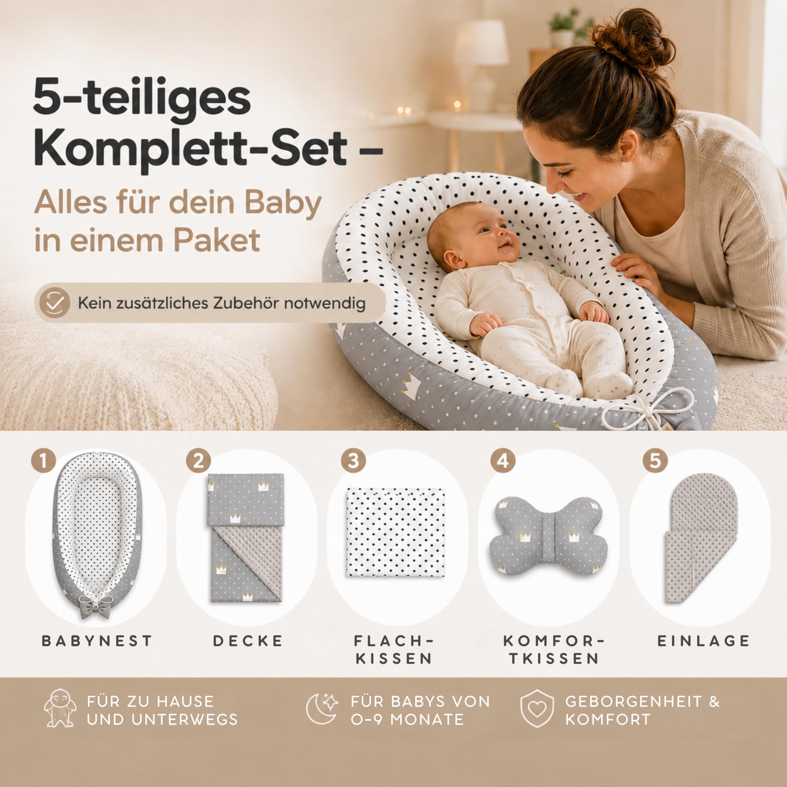 SKY & ZEN Babynestchen – Babynest 5 tlg. Set für Neugeborene mit Tragegriff