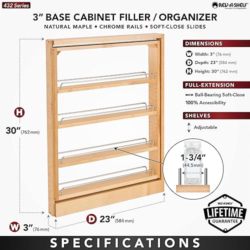 Miniatura 3 de Rev-A-Shelf Base Filler - Estante organizador extraíble para armarios de cocina y baño con apertura de 3 pulgadas, rodamientos de bolas, toboganes