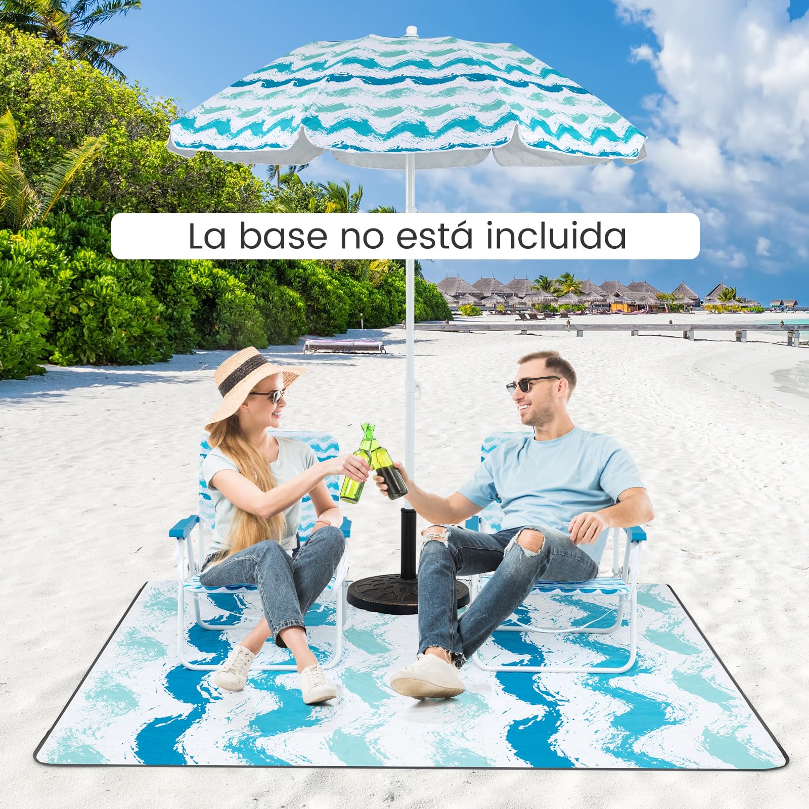 GOPLUS Conjunto de Playa de 4 Piezas, φ 190 Sombrilla con Inclinación Ajustable, 2 Sillas Plegable con Bolsa de Almacenamiento y 1 Manta, Bolsa de Transporte, Juego para Picnic, Camping (Azul)