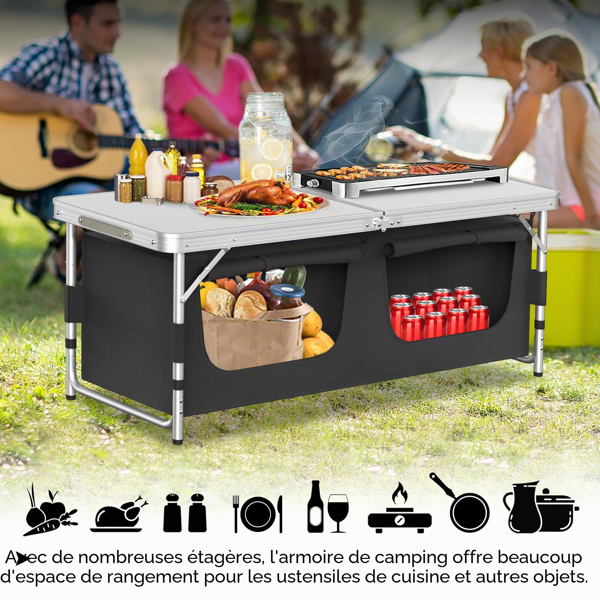 LZQ Cuisine de camping mobile avec espace de rangement - Armoire de camping compacte pliable avec plan de travail et sac de transport - Armoire d'extérieur légère en aluminium - 120 x 47 x 62 cm