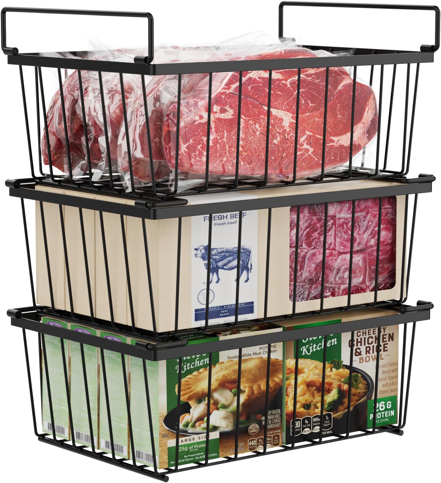 iSPECLE Chest Freezer Organizer Bins - 3 Pack Stackable Deep Freezer Organizer Bins for 5 Cu Ft Freezer Sort Frozen Food, Freezer Organizer Bins Get Food Easily with Handle Add Storage Space, Black