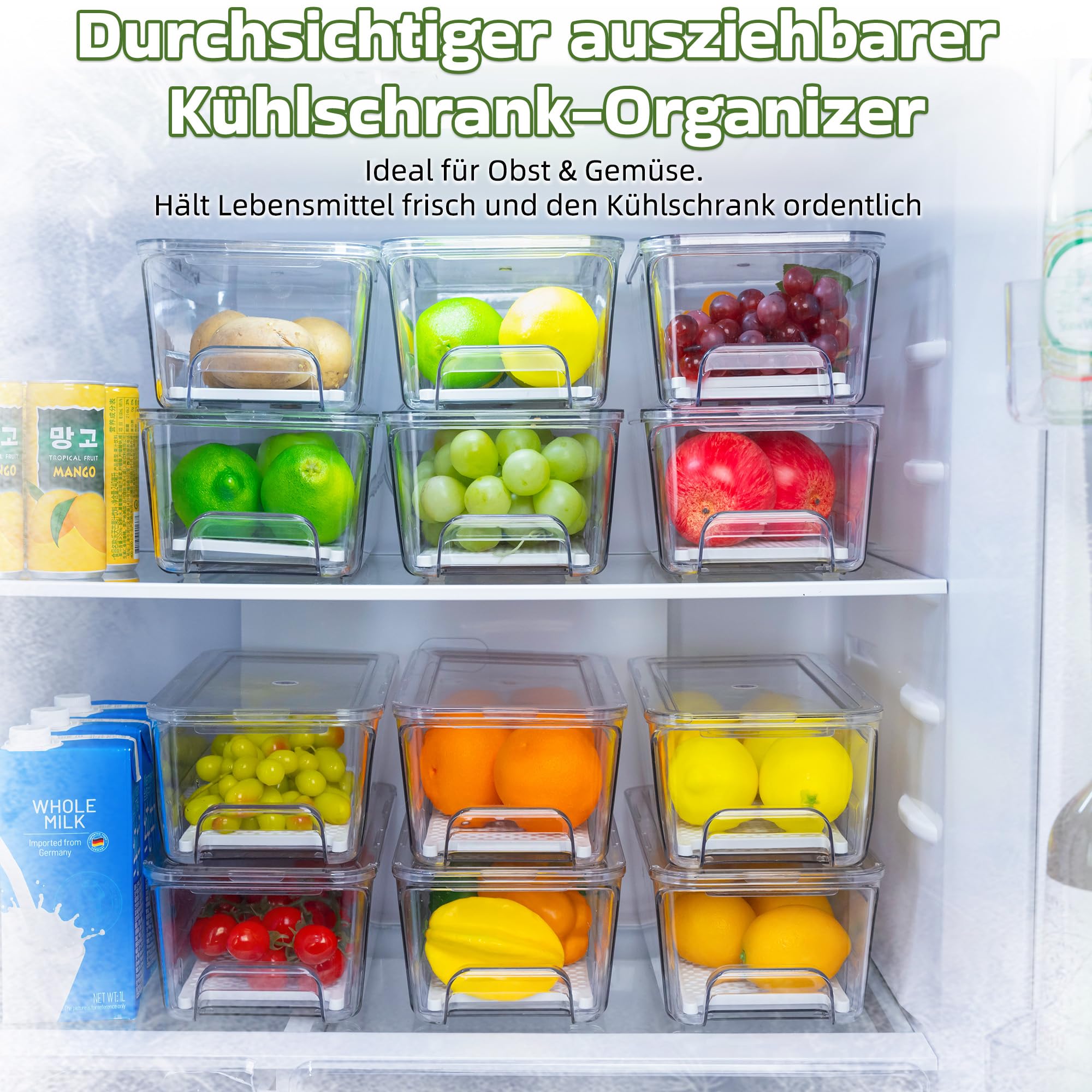 MIUKAA Kühlschrank Organizer Schublade, 4 Stück Doppelschichtige Stapelbar, Aufbewahrungsbox Kücheorganizer, Speisekammer Vorratsbehälter Durchsichtig Behälter für Kühlschrank, Küchen, Schränke