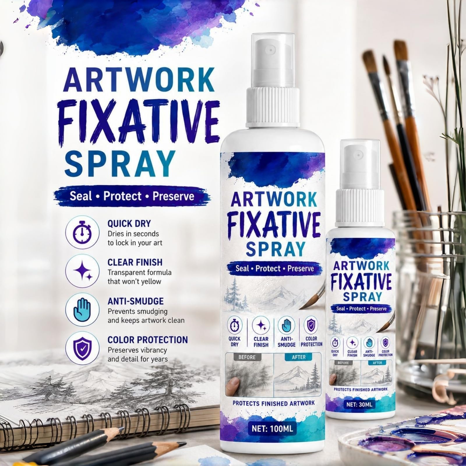 Spray fixatif réalisable pour l'art, fixatif au Pastel à l'huile pour Les Dessins au Fusain et au Crayon, Spray fixateur Anti-Taches, scellant de Finition Mat à séchage Rapide (6pcs)