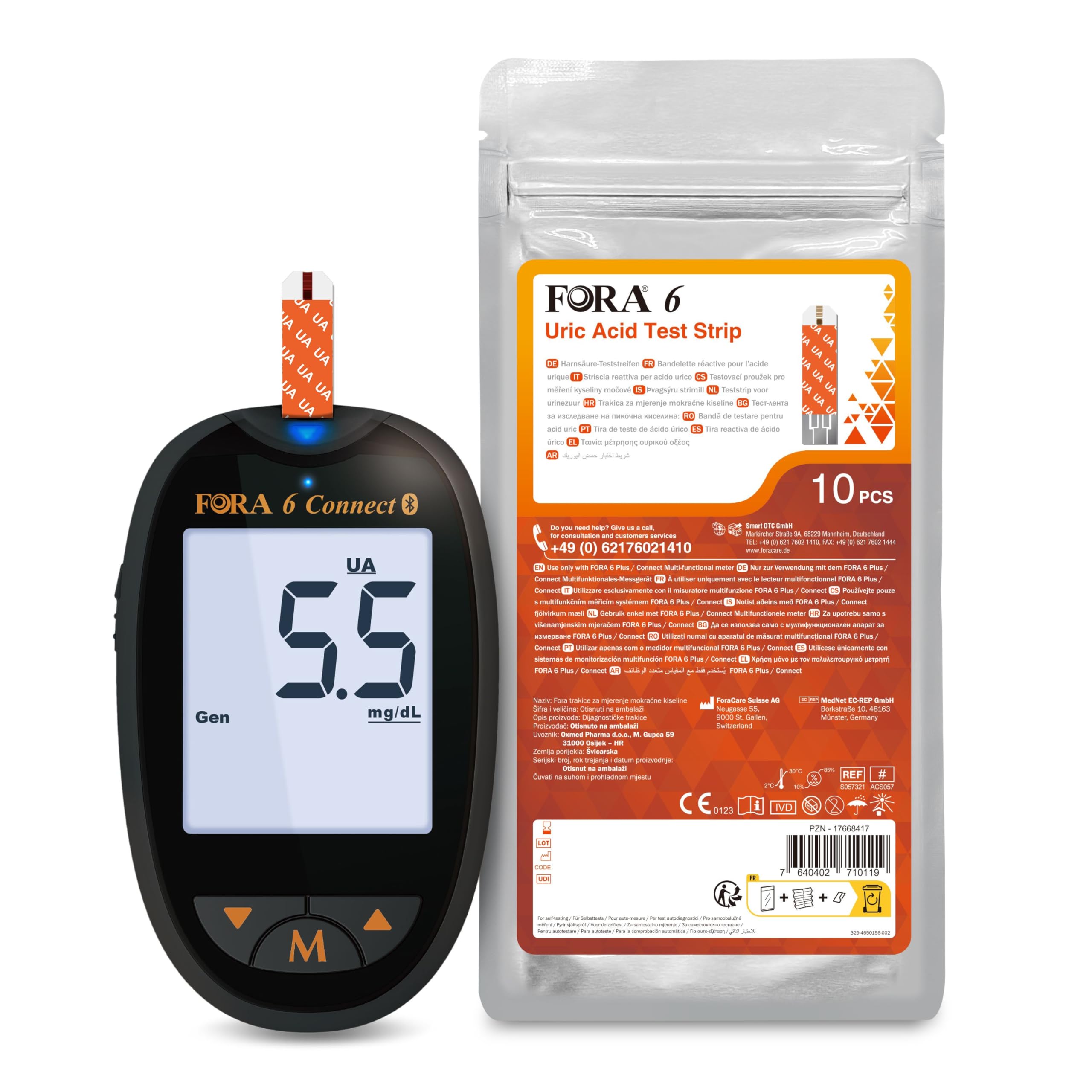 FORA 6 Connect - Misuratore di glicemia +10 Strisce acido urico