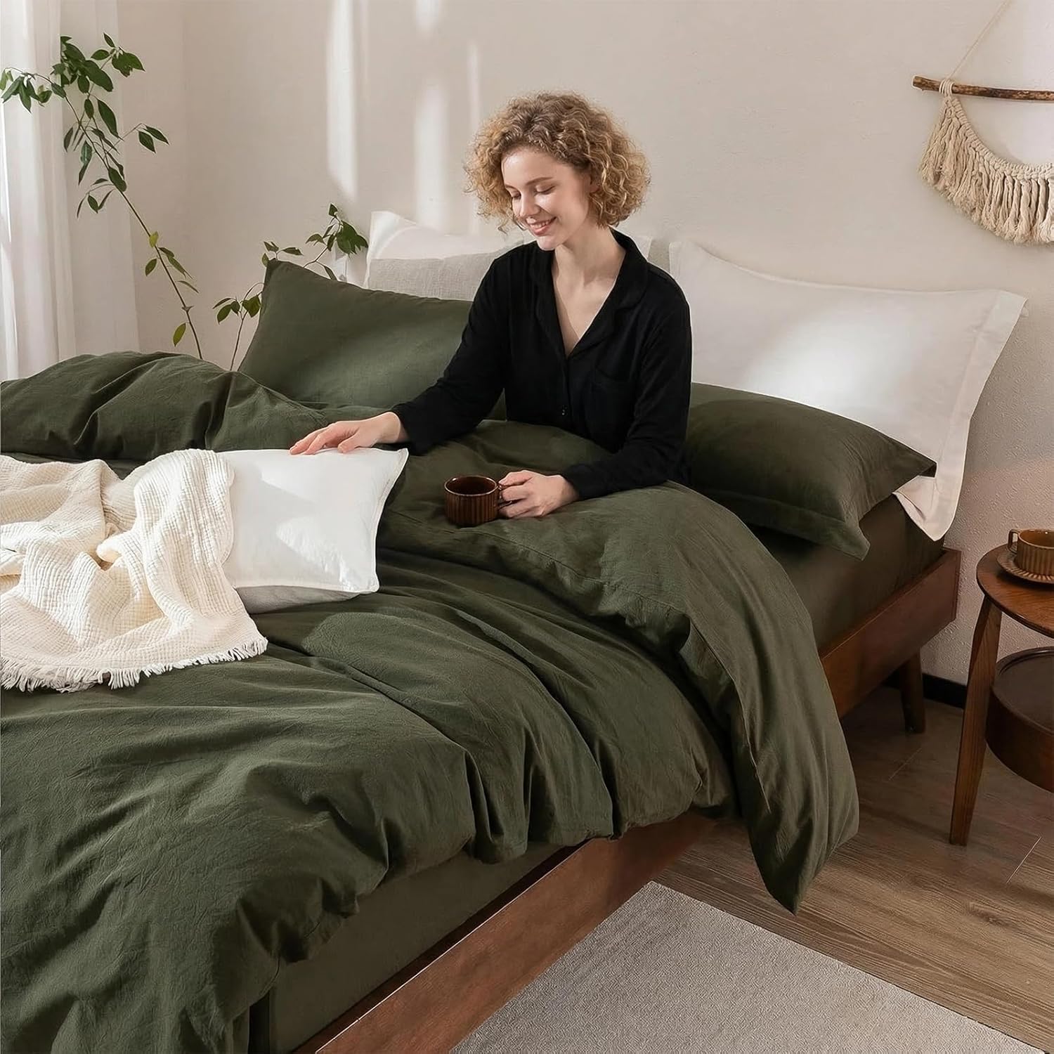 Olive Green Duvet Cover Queen Size, 100% Washed Cotton Bedding Set Cover 1 Duvet Cover 90inch x 90inch with Zipper Closure and 2 Pillowcases, Olive Green - Image 4