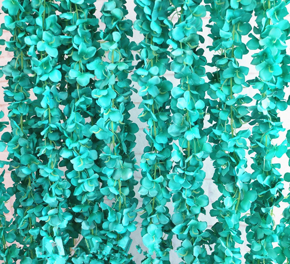 Crt Gucy 2 Pack 14 FT Artificial Hydrangea Flower Vine Wisteria Vines Cattleya Flowers Plants for Home Hotel Office Wedding Party Garden Craft Art Décor, Tiffany Blue