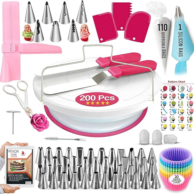 RFAQK 200 PCs Cake Decorating Kit with Cake Turntable Cake Leveler 55