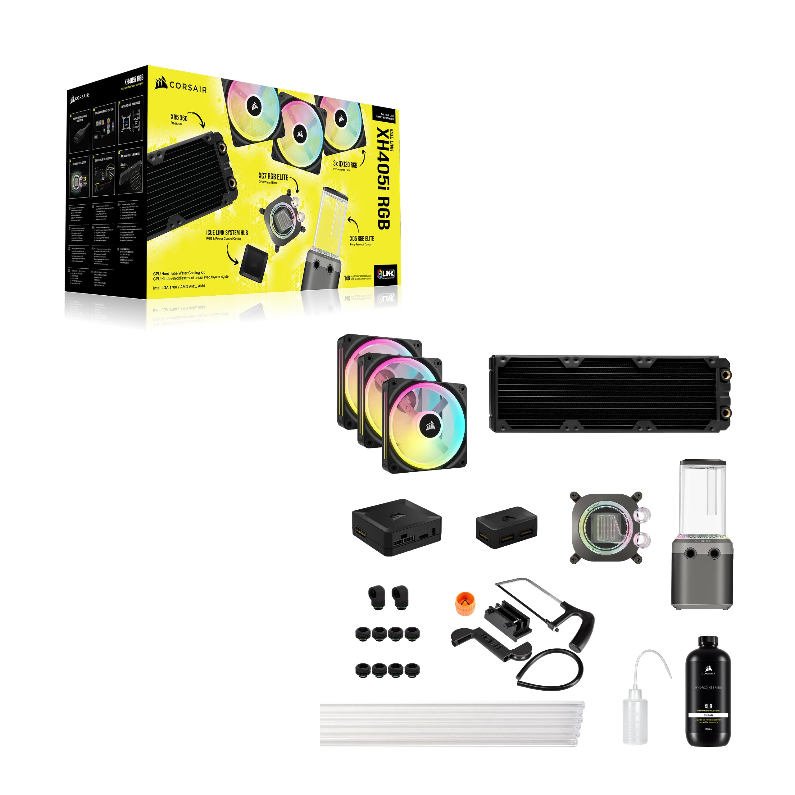 CORSAIR Hydro X Series iCUE Link XH405i Kit de Watercooling Personnalisé – Waterblock pour Processeur XC7 Elite – Pompe/Réservoir D5 XD5 Elite – 3 Ventilateurs RGB QX120 – Gris Furtif