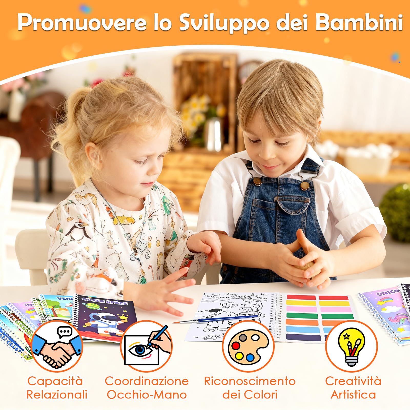 GOLDGE 24 Libri da Colorare Gadget Compleanno Bambini, Mini Libro da Colorare Set con Acquerelli Carta per Pittura Sacchetti Regalo Pennelli, Regalini fine Festa Compleanno 4-8 Anni