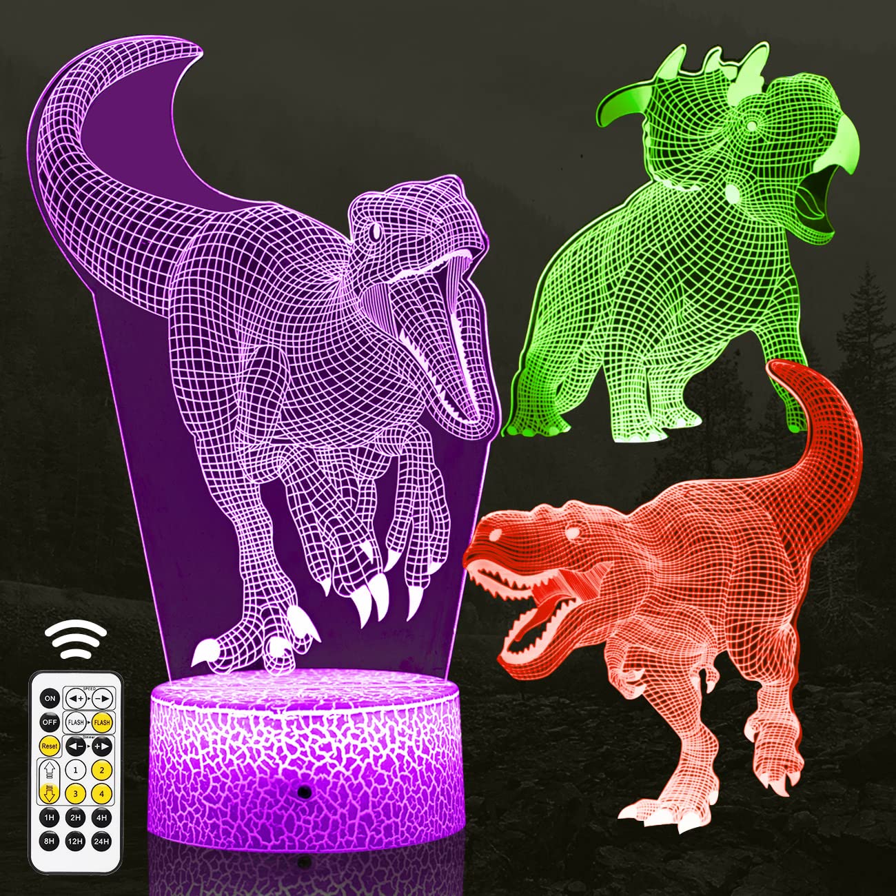3D Dinosaur LED Night Light Kids Dinosaur Optical Illusion Lamp Three Pattern & 16 Color Changing & Remote Control Decor Lamp for Kids, Christmas Gifts for Boys Girls