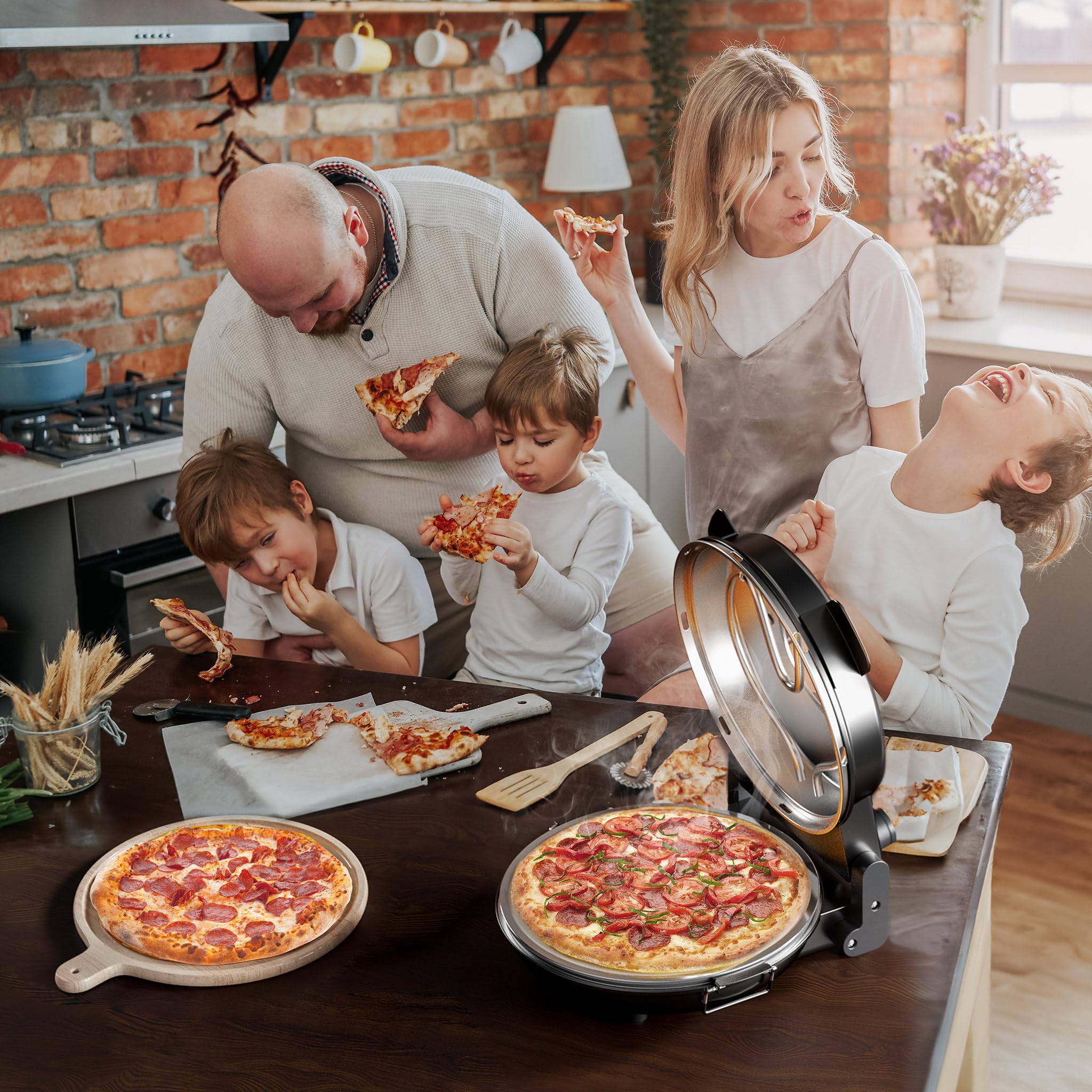 Wiltec Mini four à pizza avec plaque en pierre céramique – 360 x 360 x 180 mm – 400 °C max. – avec Plaque en pierre céramique Ø 32 mm, Fenêtre de visualisation, 2 Éléments chauffants et Minuterie