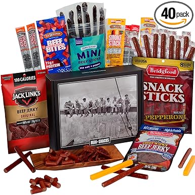 ManSnacks Jerky Gift Basket for Men - 29 pc - Large Variety of Beef Jerky, Jerky Bites, Beef Sticks, Pepperoni Sticks, Turkey Sticks & Cheese Sticks, in a Manly Gift Box | Unique Gift for Jerky Lovers