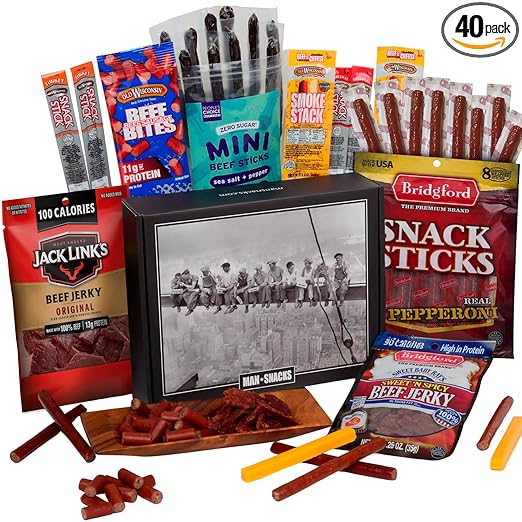 ManSnacks Jerky Gift Basket for Men - 29 pc - Large Variety of Beef Jerky, Jerky Bites, Beef Sticks, Pepperoni Sticks, Turkey Sticks & Cheese Sticks, in a Manly Gift Box | Unique Gift for Jerky Lovers
