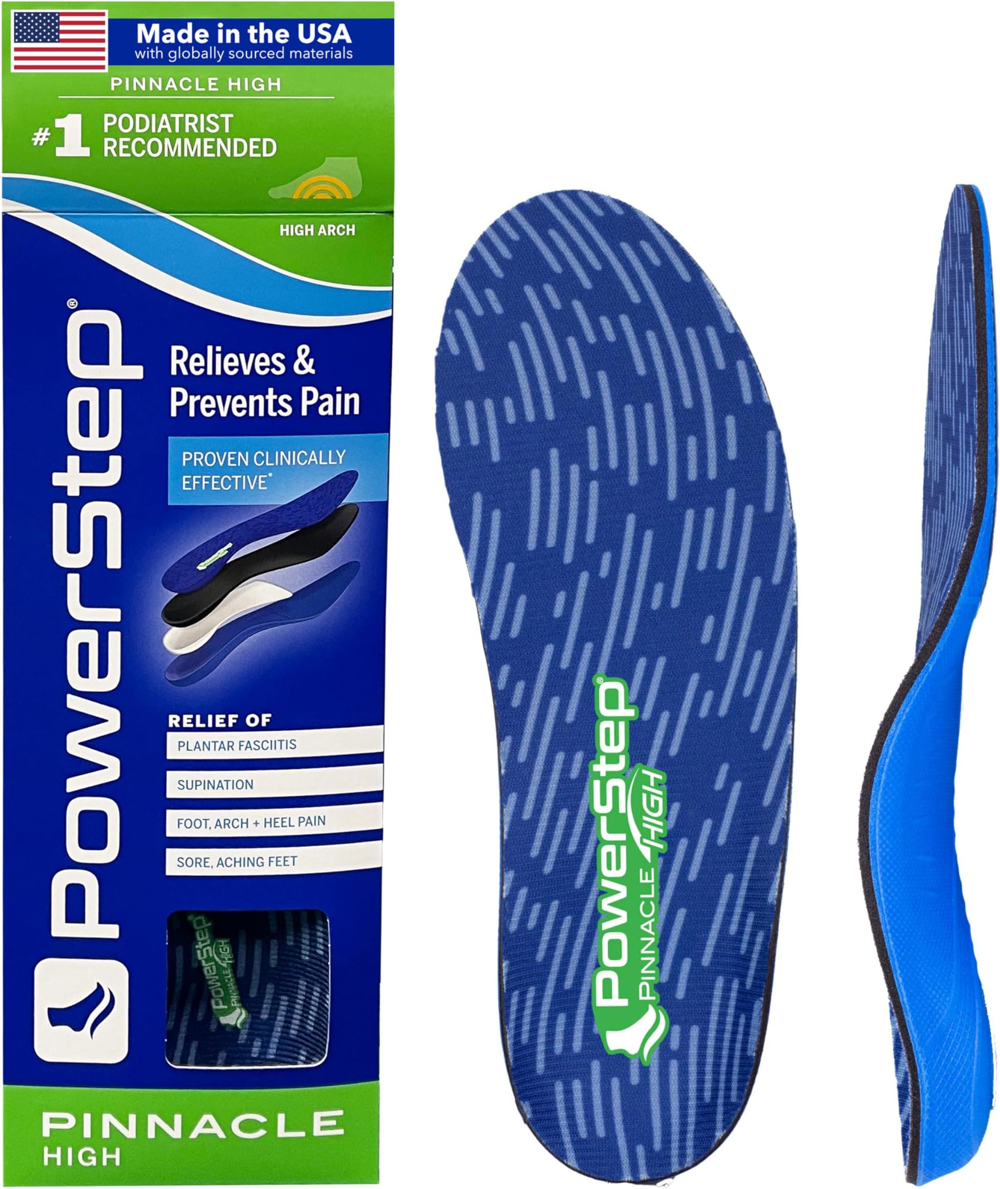 Powerstep Unisex-Adult Pinnacle, Pain Relief Insole, Supination, High Arch Support Orthotic for Women and Men Heel Cushion Shoe Inserts, Equipment for Home Workout, Blue/Dark Green, 4-4.5 6-6.5