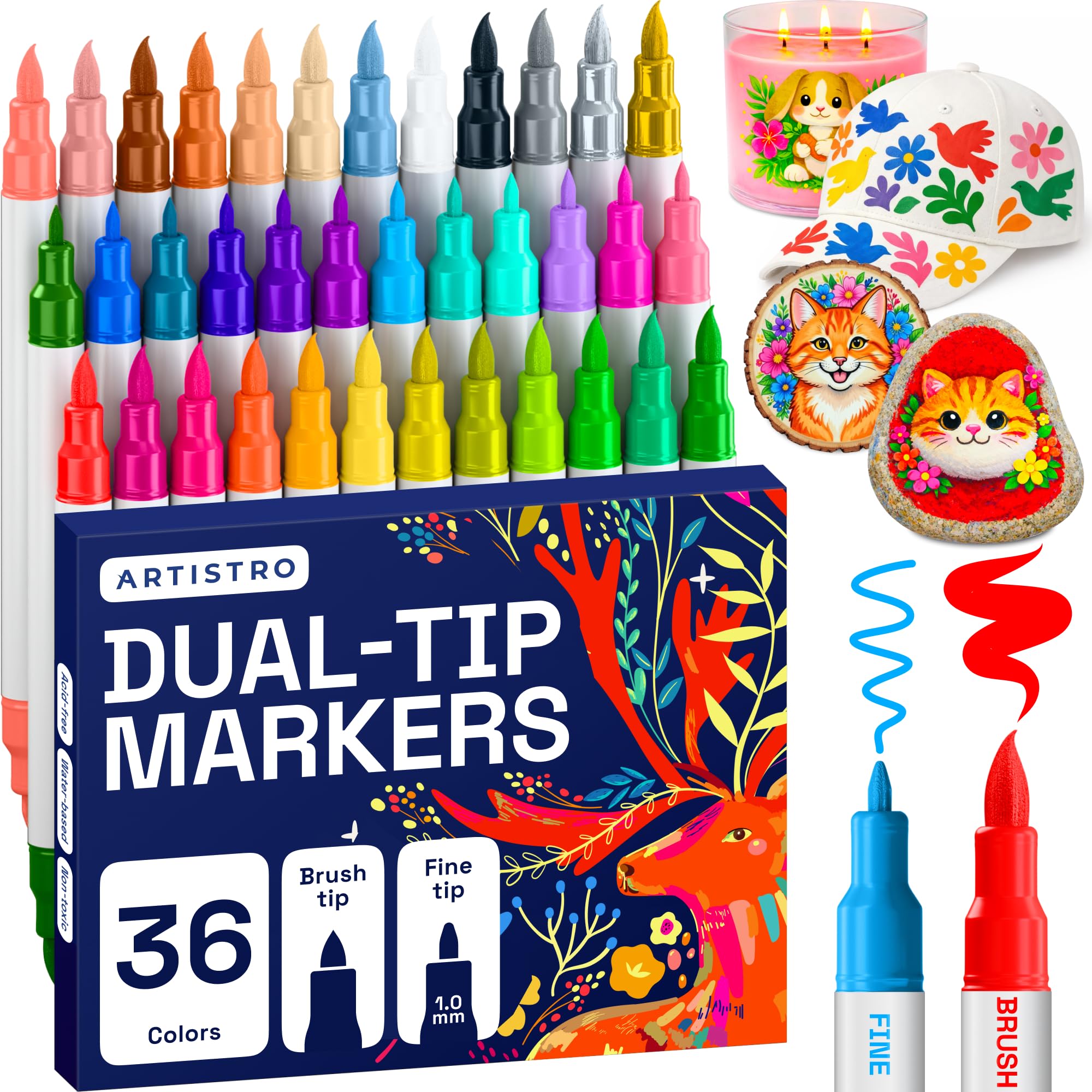 ARTISTRO 36 Mixed Colors Dual-Tip Acrylic Paint Marker Pens for Drawing