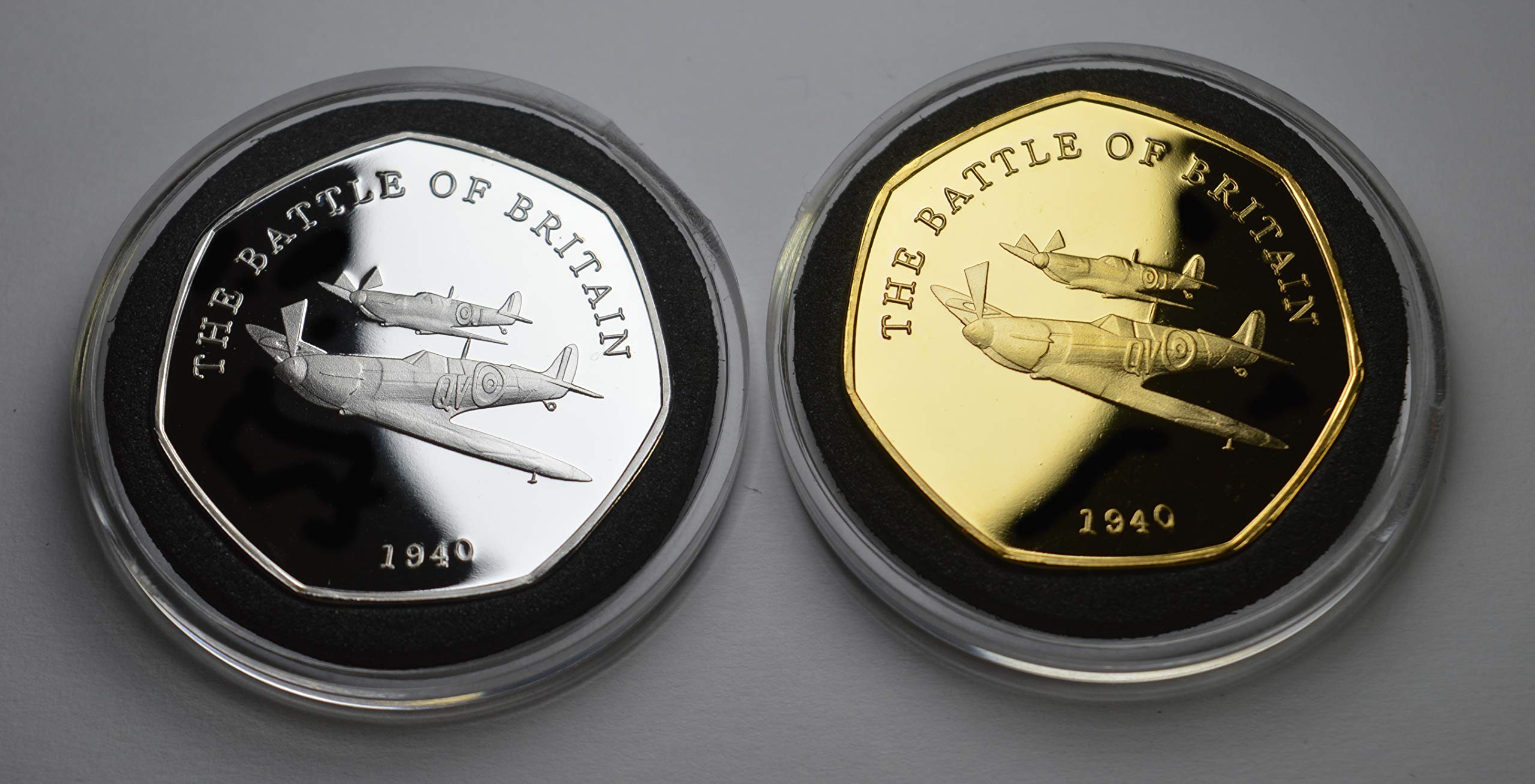 The Commemorative Coin Company Silver/Gold Pair Of The Battle Of Britain & Supermarine Spitfire And 24Ct Commemoratives In Capsules. Ww2, 1940