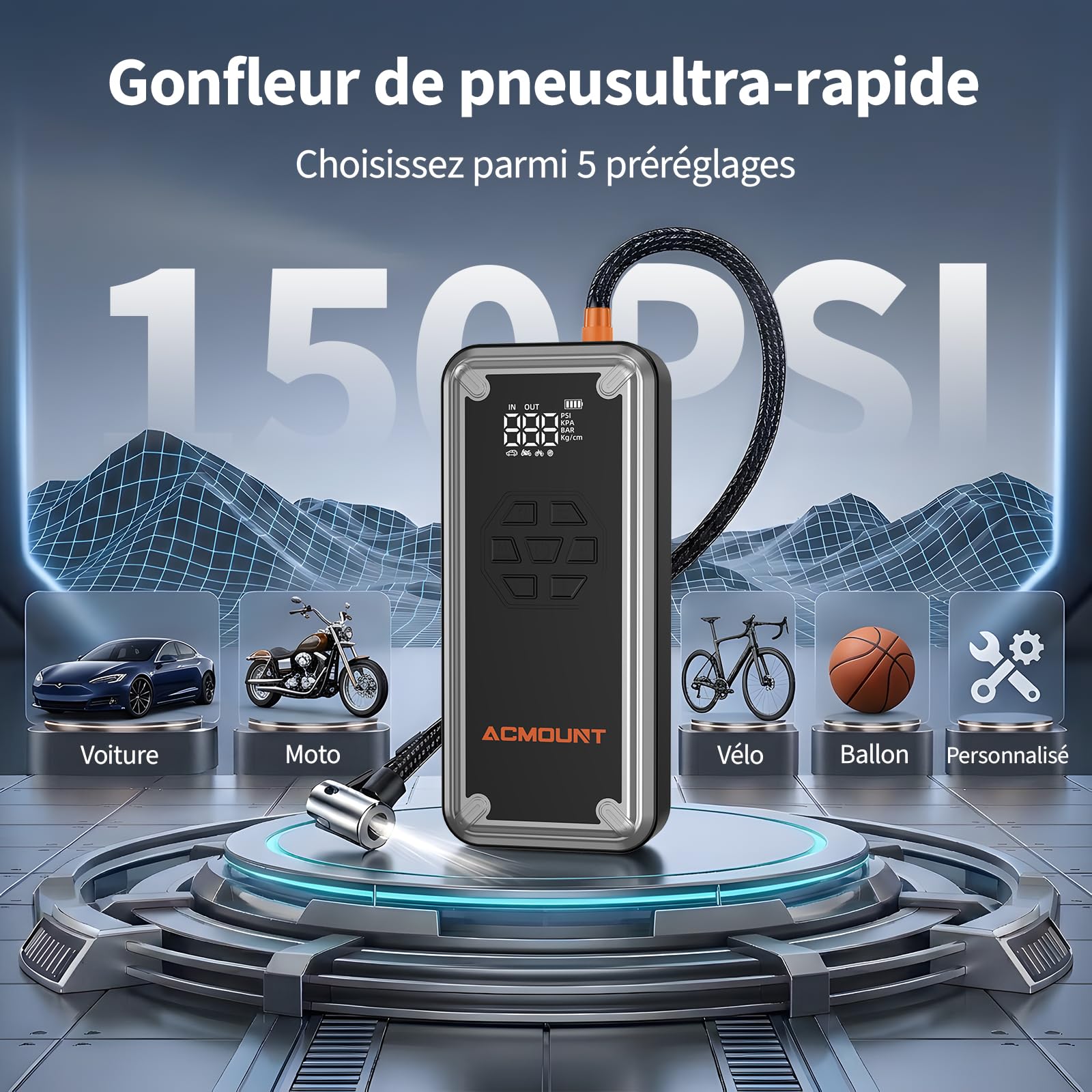 Acmount 7000A Booster Batterie Voiture avec Gonfleur 150PSI, 21800mAh Demarreur Batterie Voiture avec Lampe 800LM,18W Charge Rapide, Port de QC3.0 pour 12V Véhicules (Tout Gaz/12L Diesel)