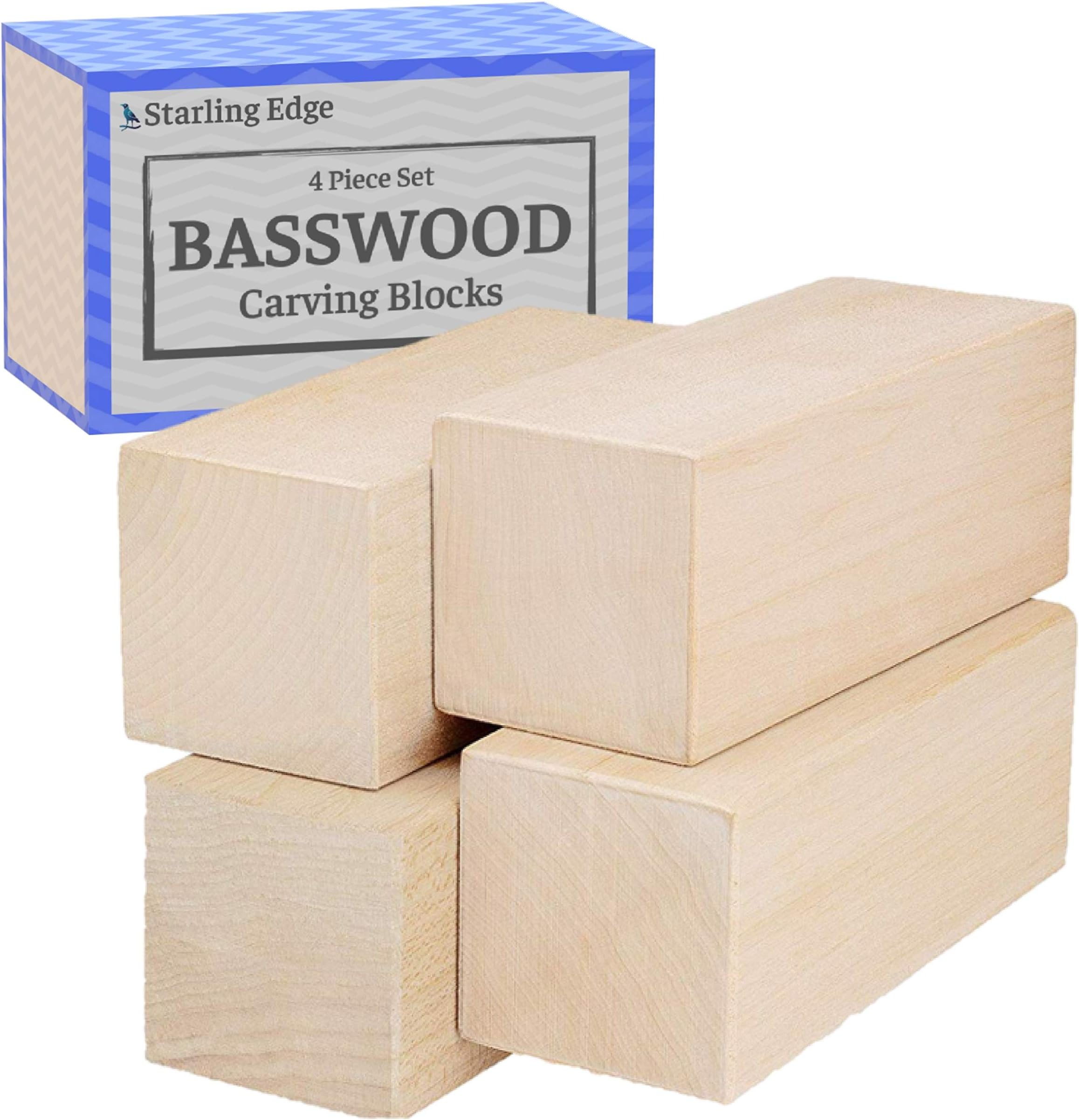 Basswood Carving Blocks โ 4 Pack of 2 x2 x5 Wood Blocks for Carving โ Soft, Smooth, Paintable Bass Wood Blocks for Whittling & Woodworking Projects