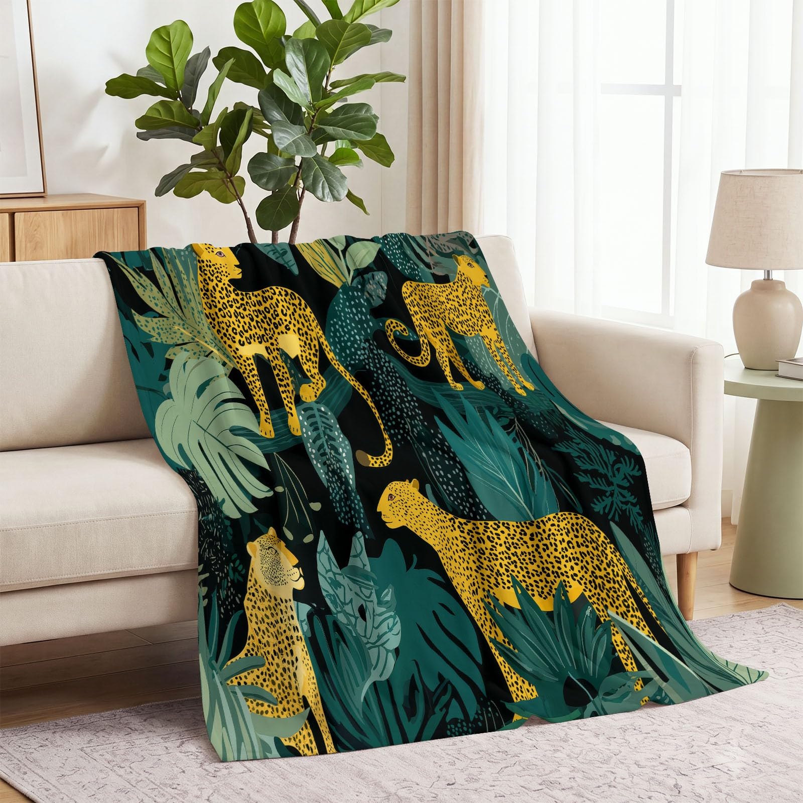 Manta polar con estampado de hojas tropicales de leopardo, mantas de franela, suave y cálido, estampado selva, manta esponjosa para niños adolescentes y adultos, verde oscuro 200 x 200 cm
