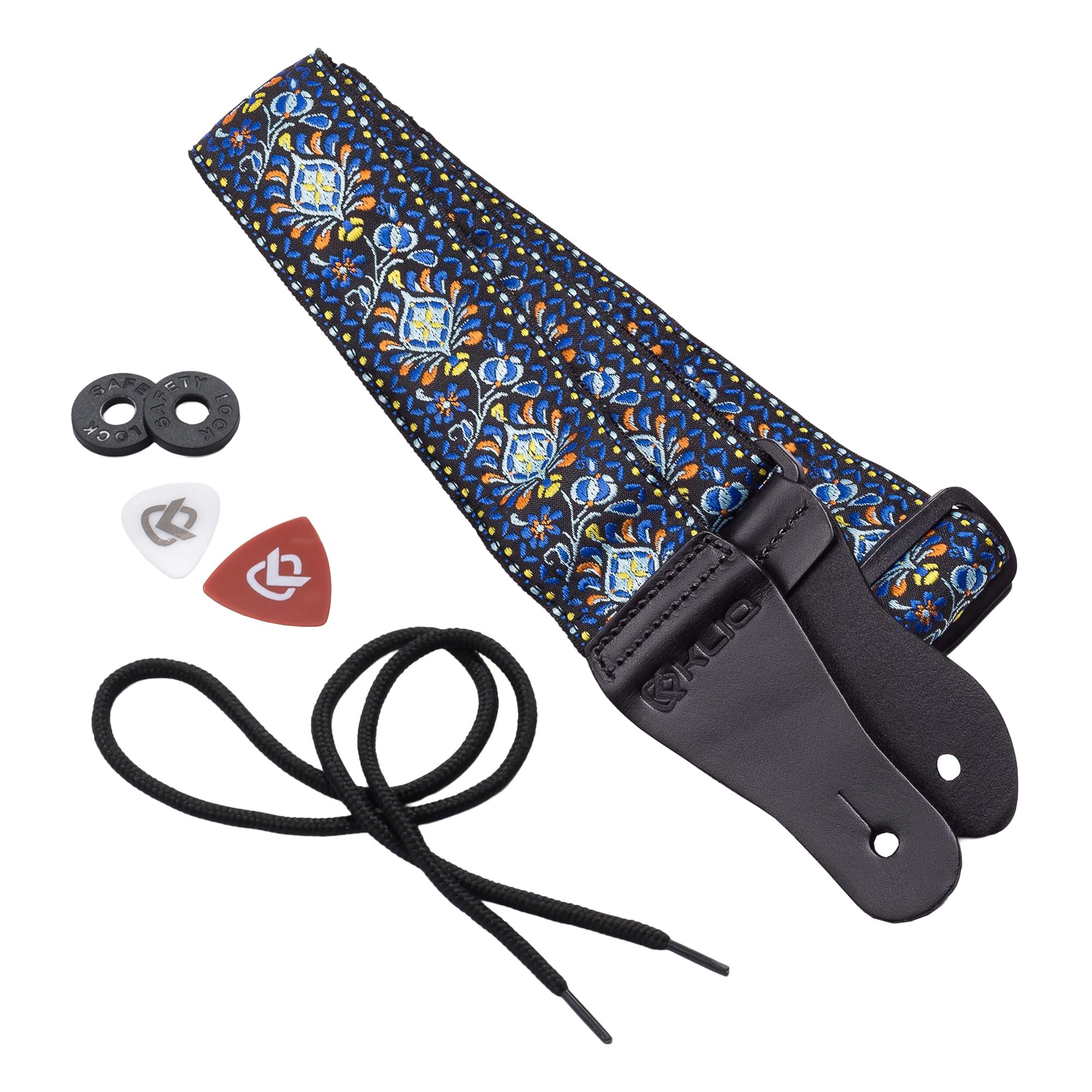 KLIQ Vintage Woven Guitar Strap for Acoustic and Electric Guitars | '60s Jacquard Weave Hootenanny Style | 2 Rubber Strap Locks Included
