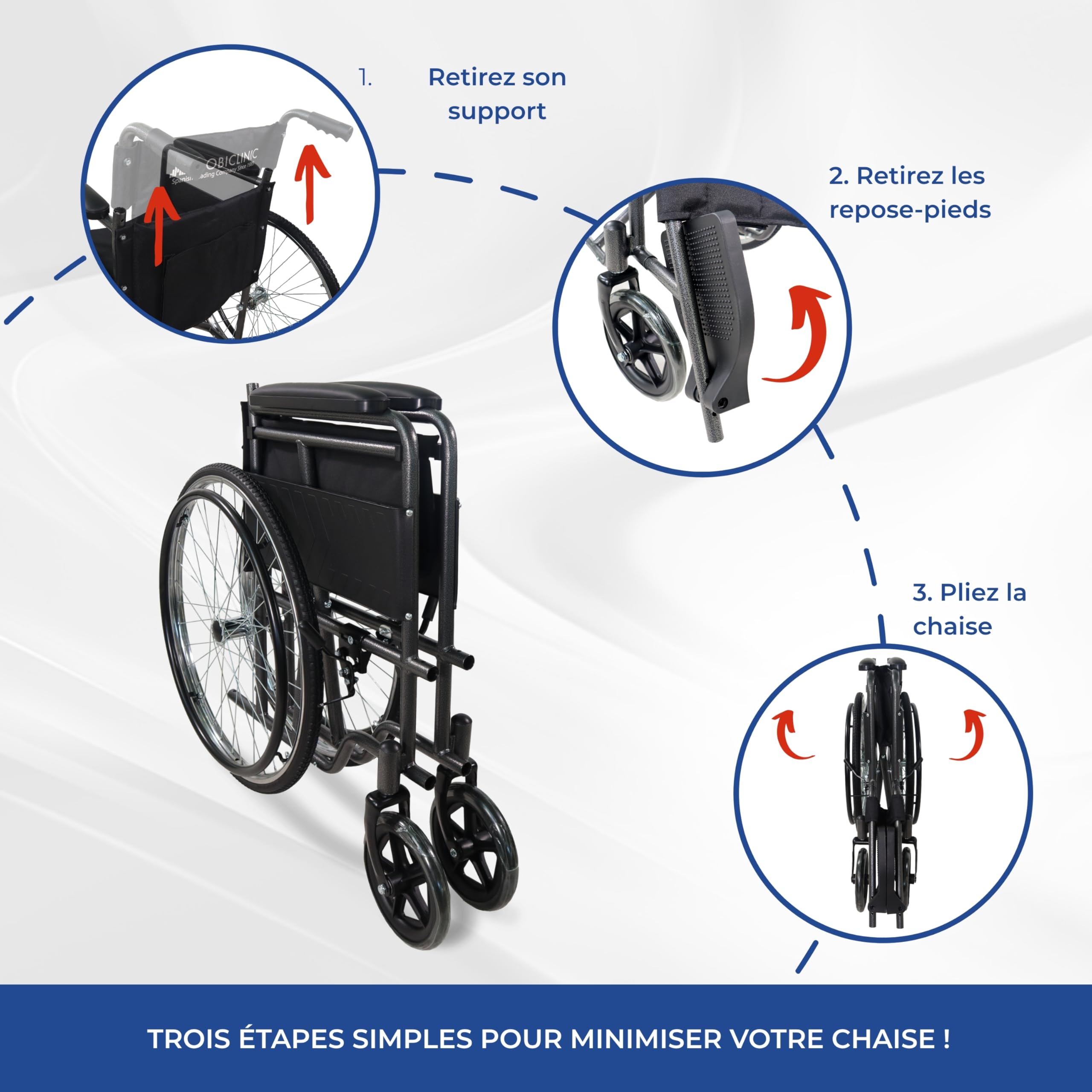 Mobiclinic®, Fauteuil roulant pliable, Marque européenne, Siège 46 cm, Acier, Frein manuel, Dossier amovible, Repose-pieds rabattables, Robuste, Léger, Gris, Denver